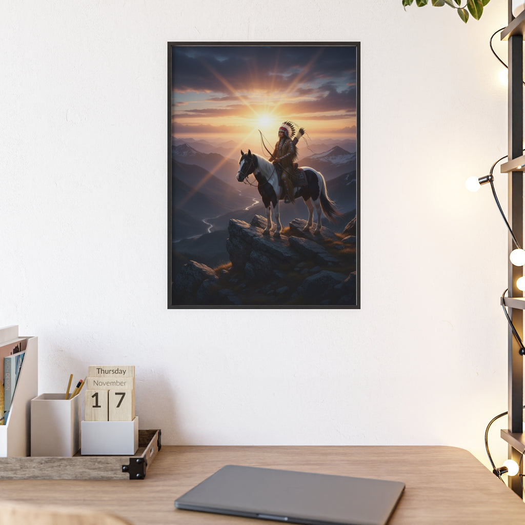 Native American Warrior on Horse Framed Poster — Scenic Sunrise Wall Art