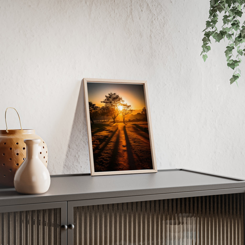Sunrise Forest Poster — Framed Wooden Wall Art (Sunlit Trees)