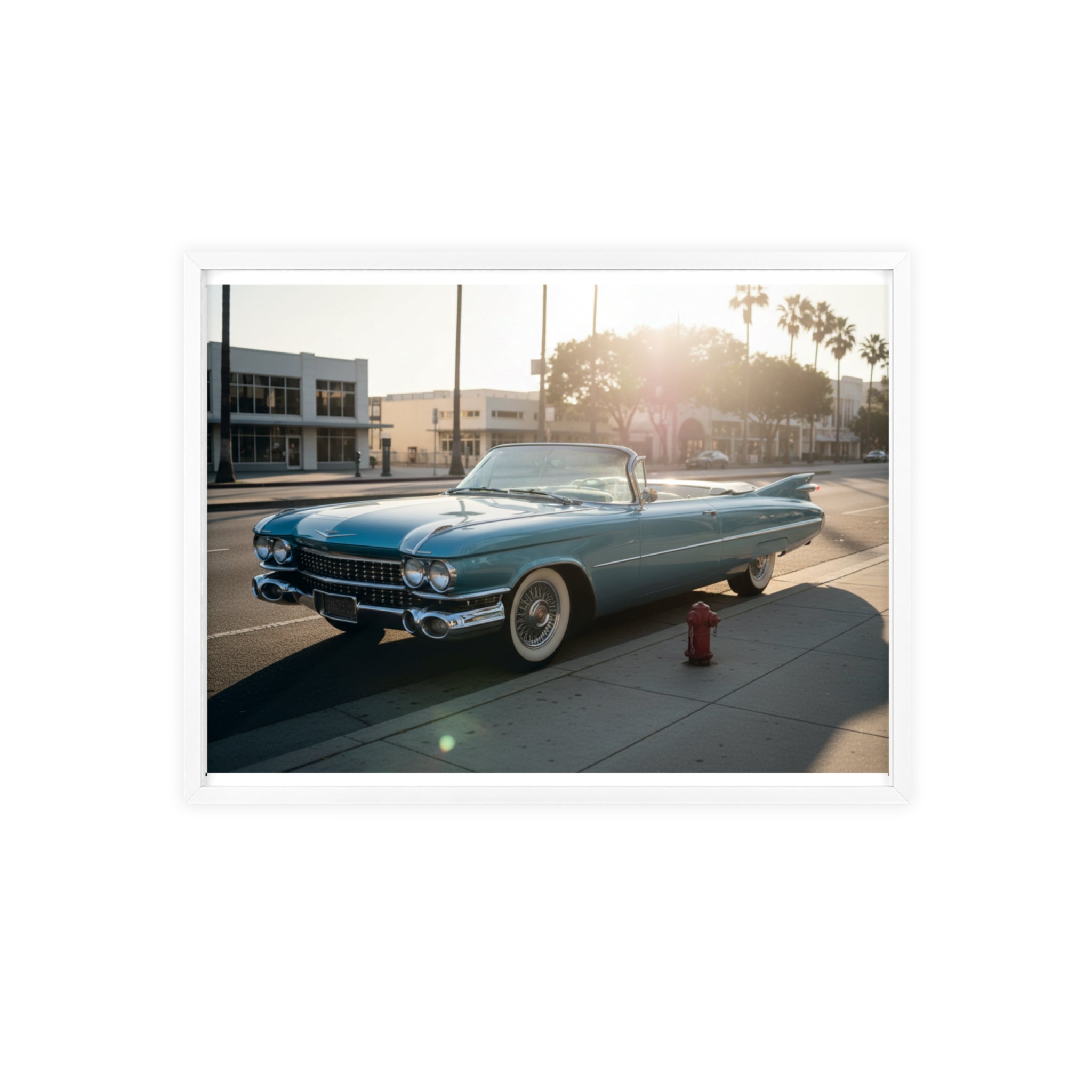 Vintage Blue Cadillac Poster with Wooden Frame – Retro Car Wall Art