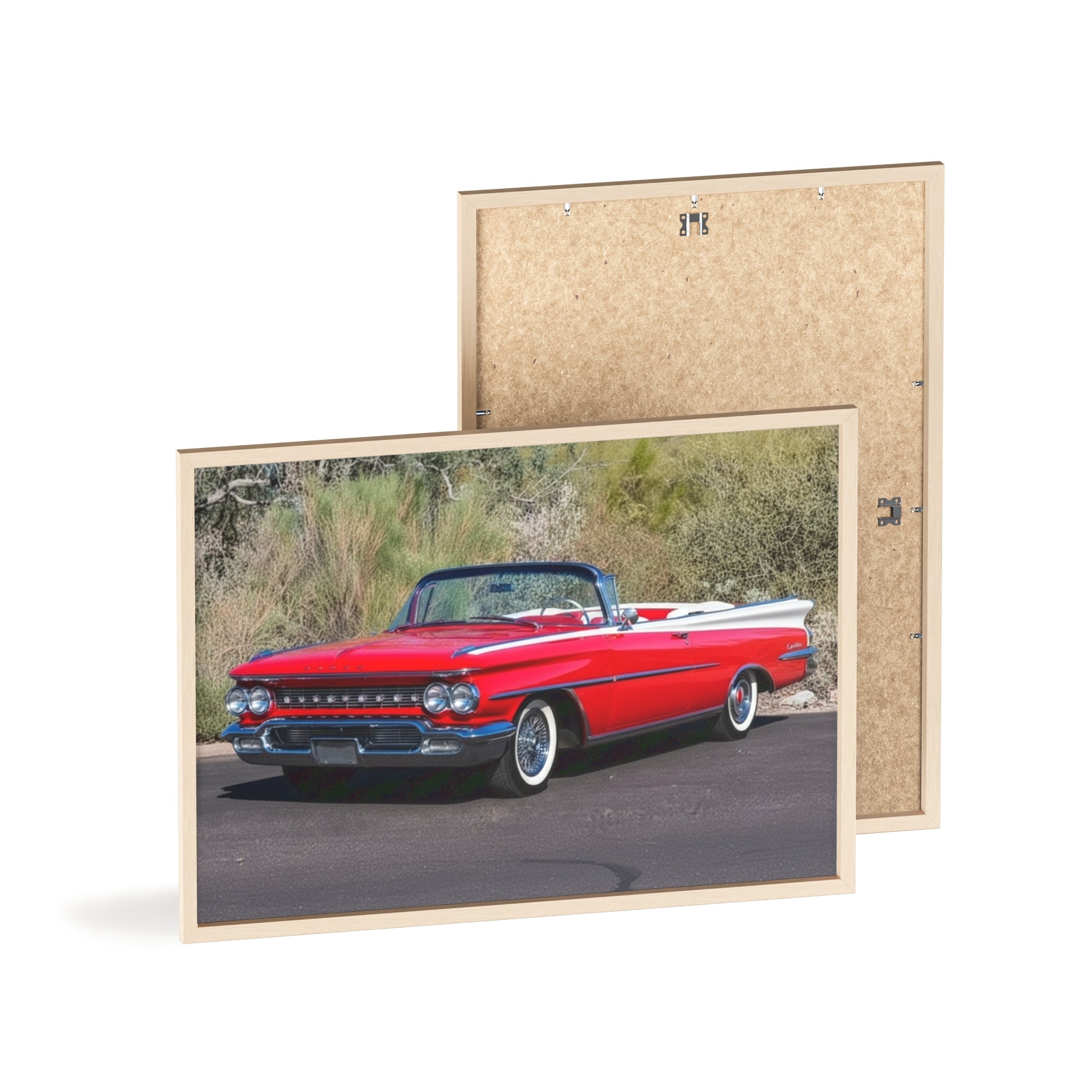 Vintage Red Convertible Car Poster with Wooden Frame — Classic Auto Wall Art