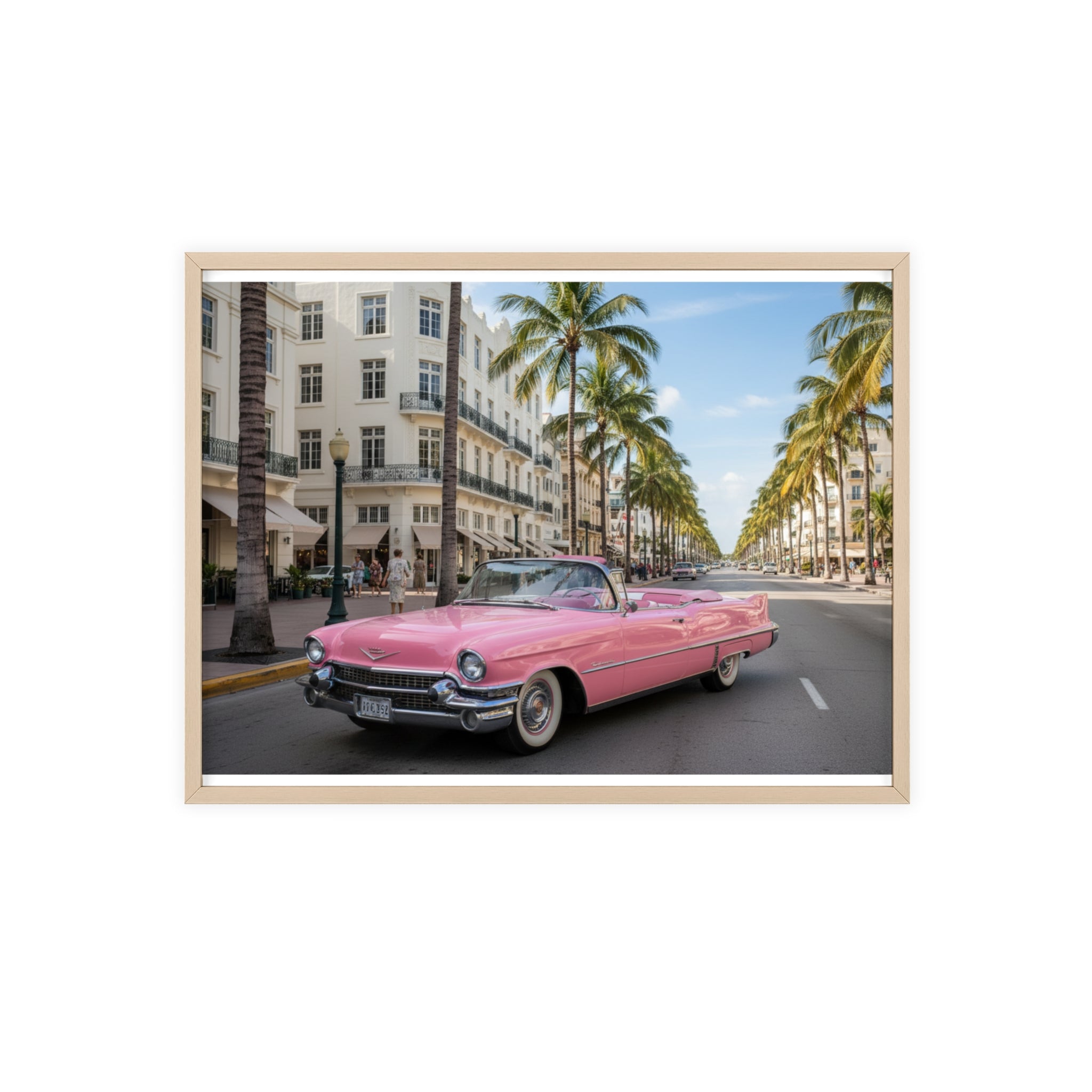 Vintage Pink Cadillac Wall Poster with Wooden Frame — Retro Miami Palm Street Photography