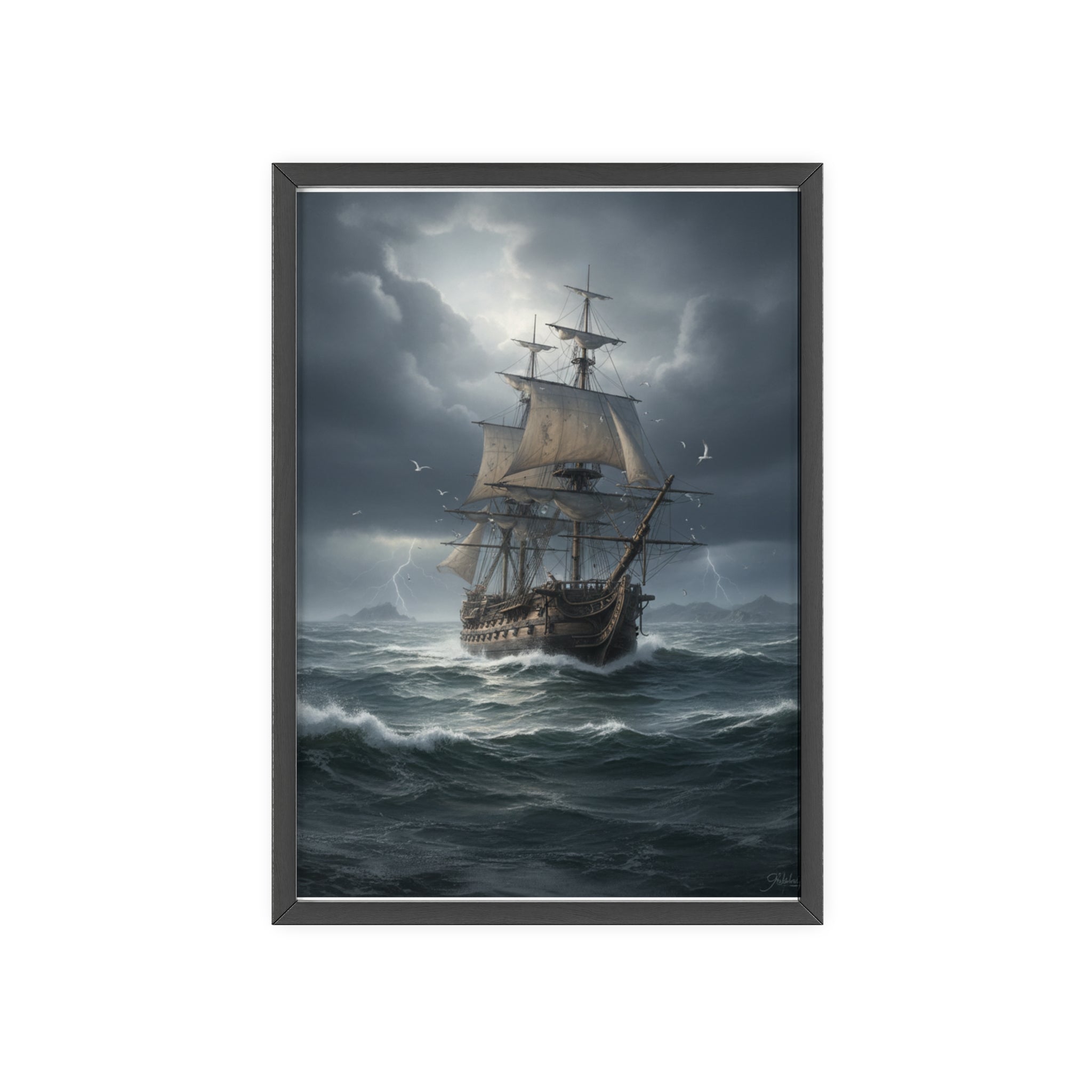 Framed Stormy Sea Ship Poster — Nautical Wall Art with Wooden Frame