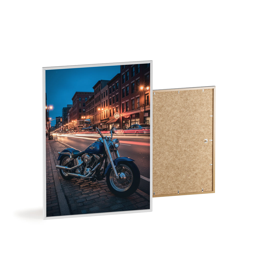 Framed Motorcycle Poster — Night City Street Bike Wall Art