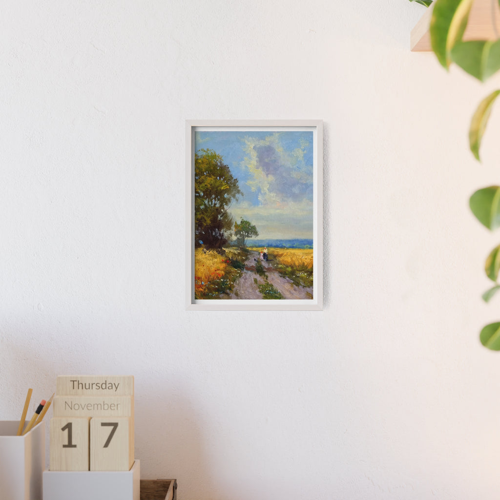 Framed Countryside Landscape Poster — Rustic Wooden Frame Wall Art