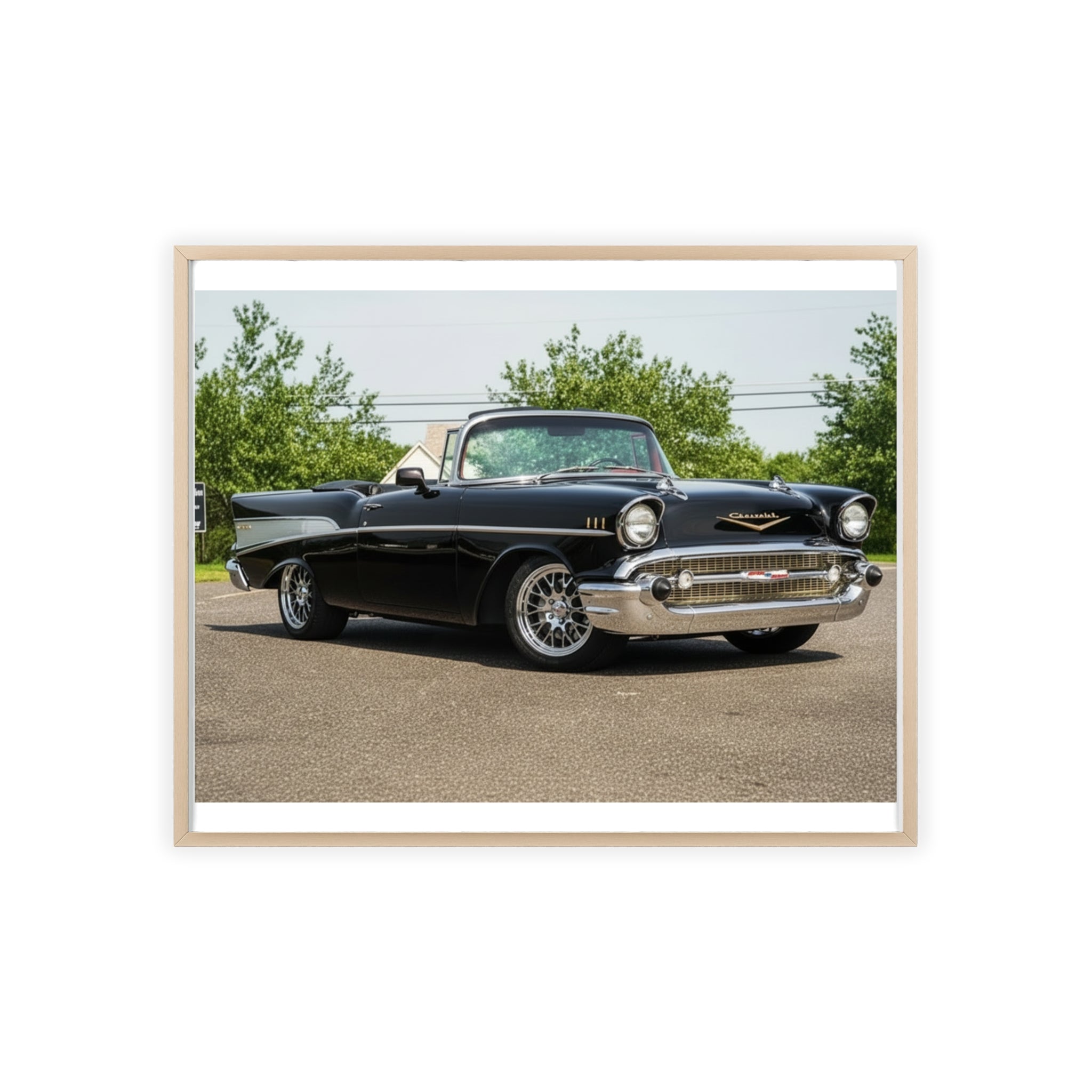 Classic Black 1957 Chevy Poster with Wooden Frame — Vintage Car Wall Art