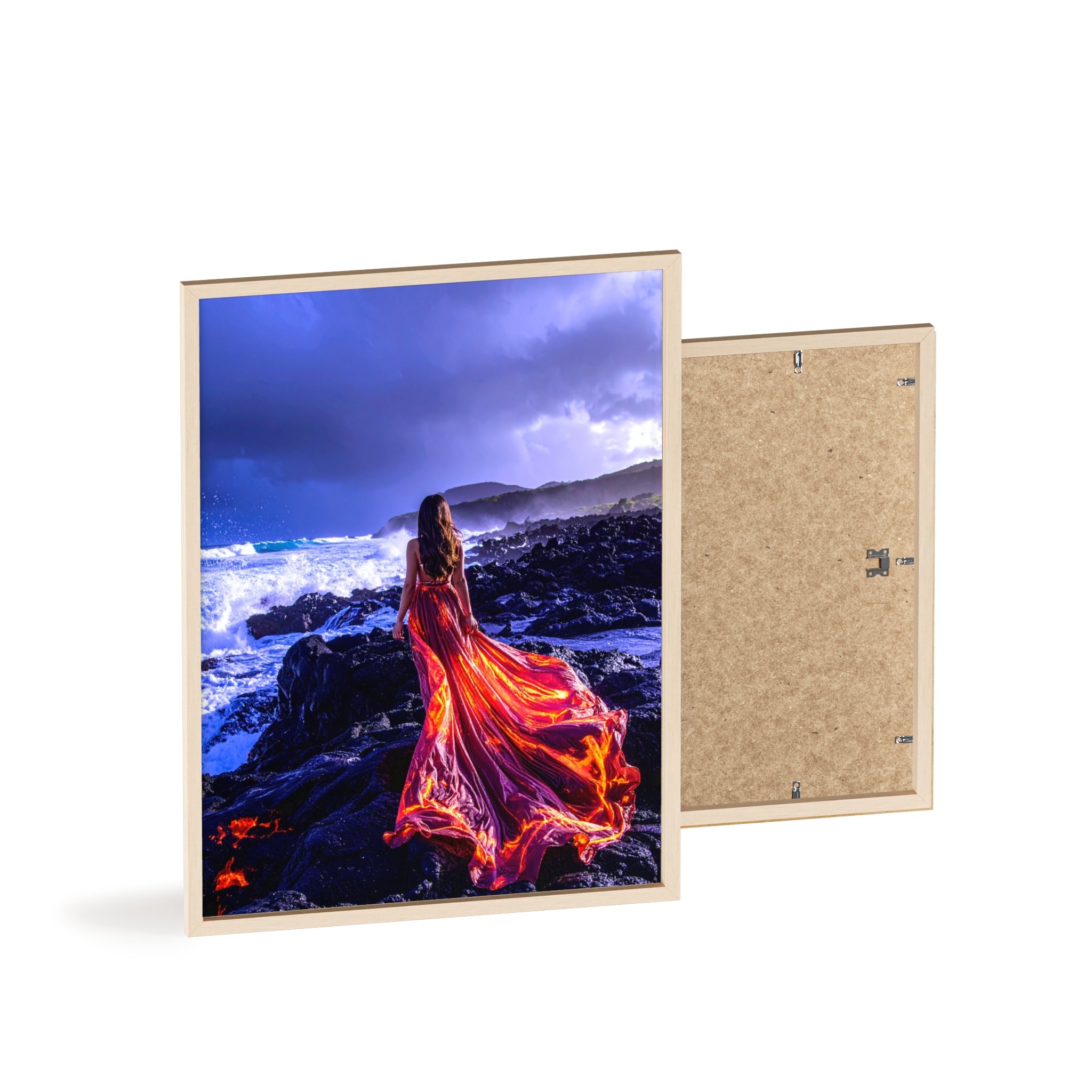 Framed Art Print — Woman in Fiery Red Dress on Rocky Shore (Wooden Frame Poster)