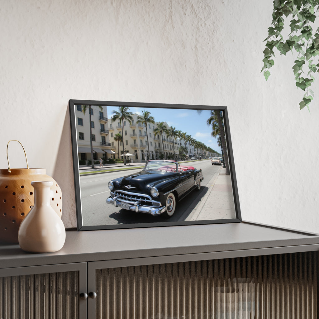 Vintage Convertible on Ocean Drive Framed Poster – Retro Classic Car Wall Art