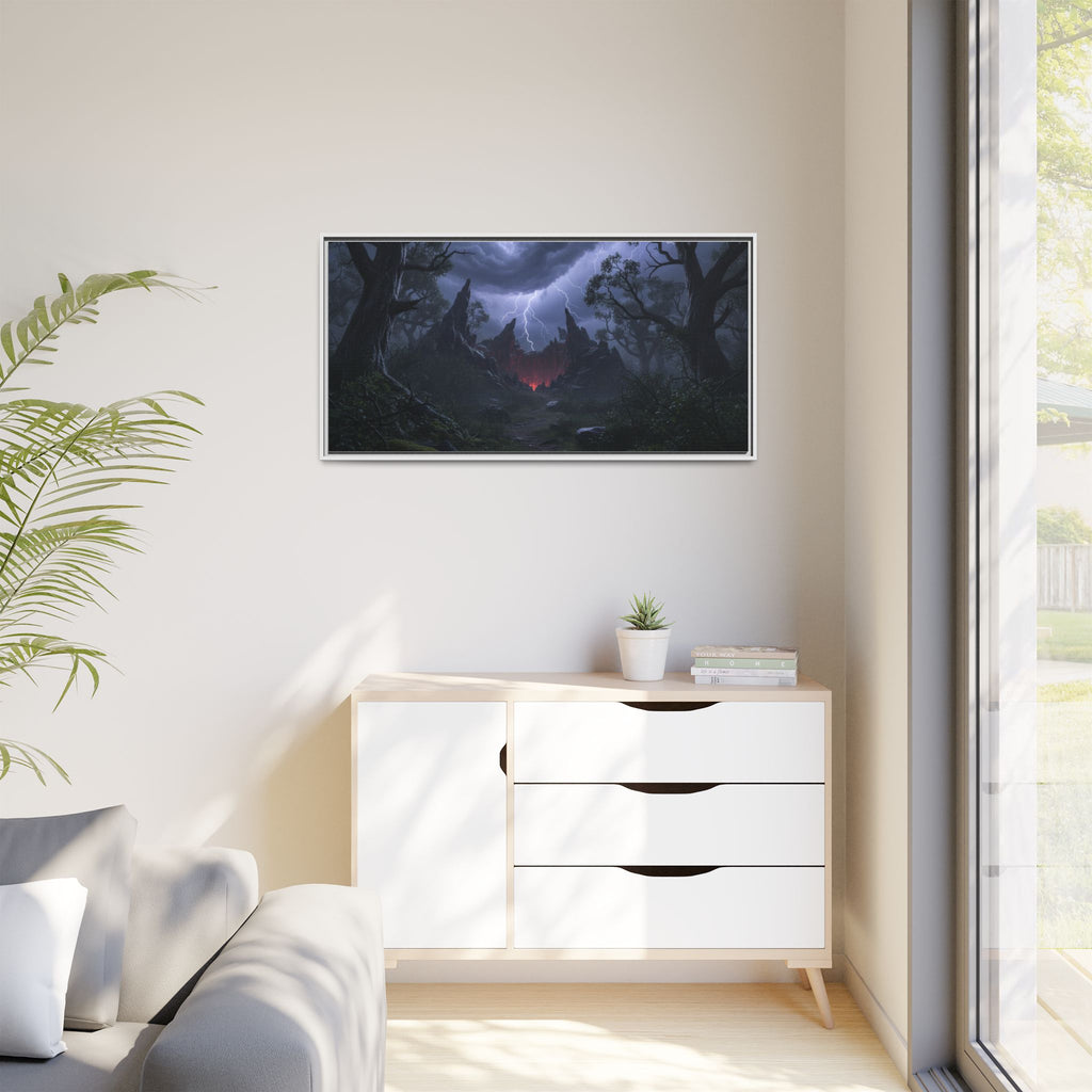Dark Storm Forest Framed Canvas Print — Lightning, Haunted Castle Art