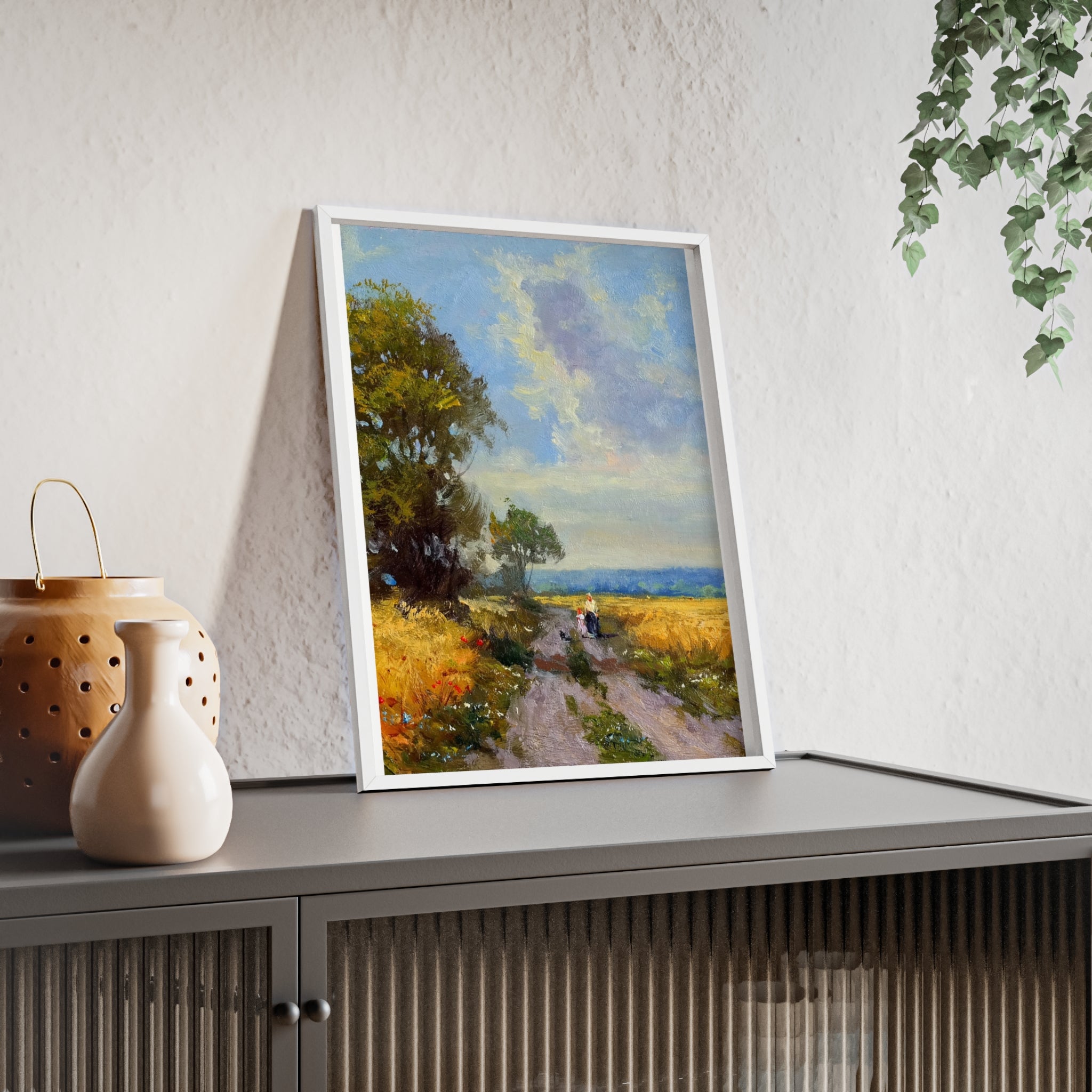 Framed Countryside Landscape Poster — Rustic Wooden Frame Wall Art