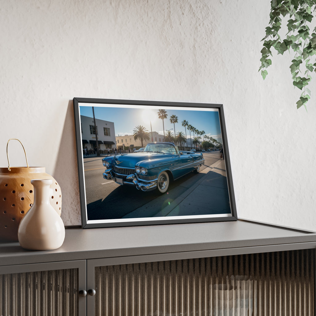 Framed Vintage Cadillac Poster – Retro Palm-Tree Coastal Car Wall Art