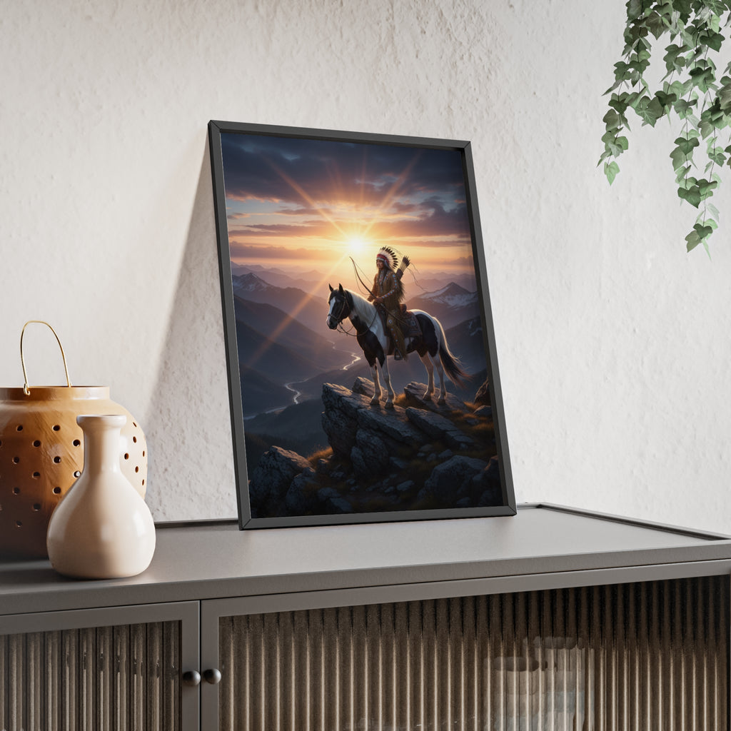 Native American Warrior on Horse Framed Poster — Scenic Sunrise Wall Art