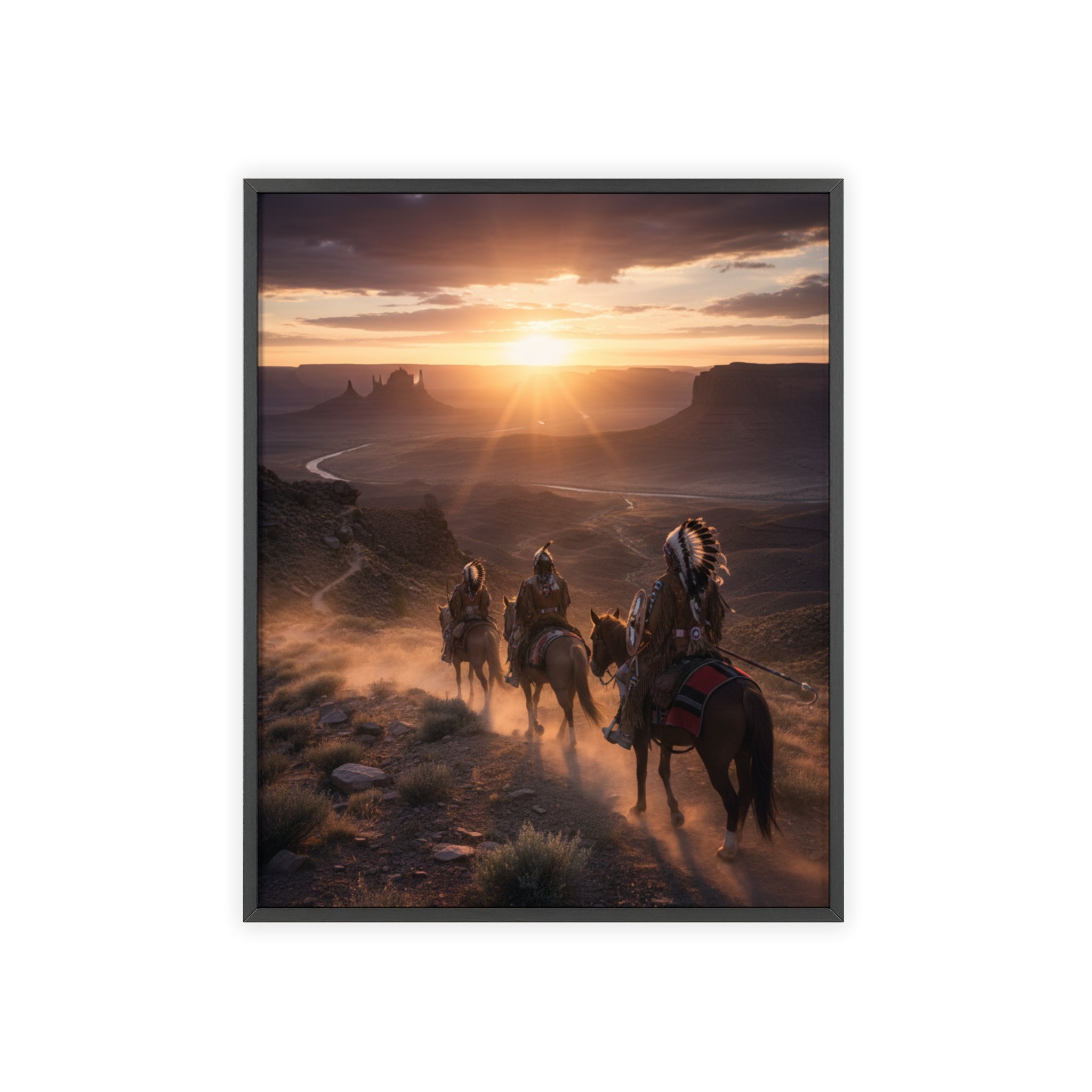 Framed Western Sunset Poster — Native Riders on Horseback Wall Art