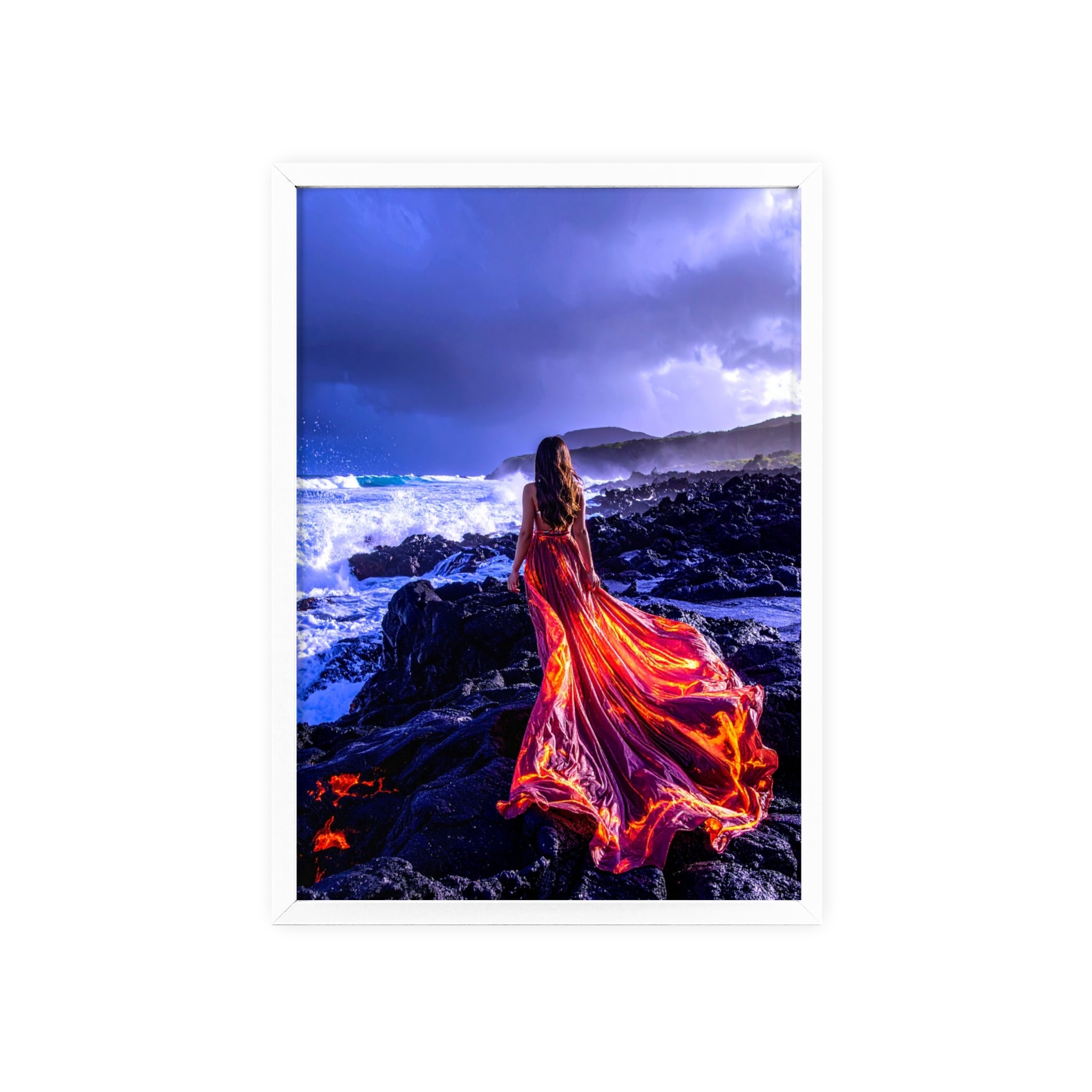 Framed Art Print — Woman in Fiery Red Dress on Rocky Shore (Wooden Frame Poster)