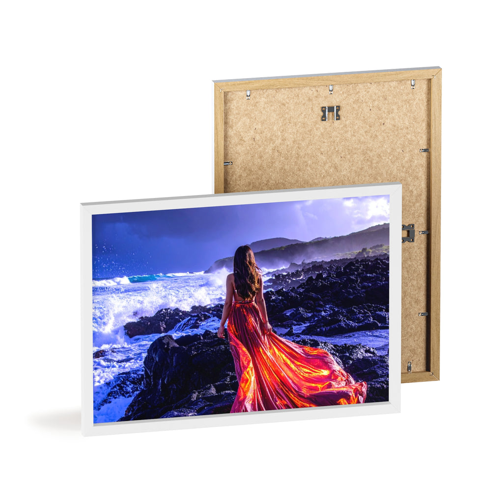 Framed Art Print — Woman in Fiery Red Dress on Rocky Shore (Wooden Frame Poster)