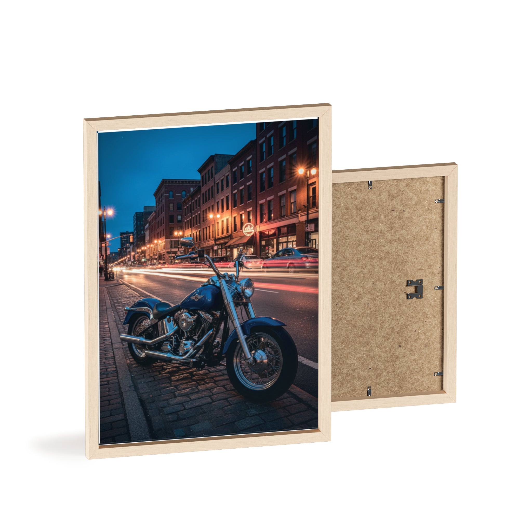 Framed Motorcycle Poster — Night City Street Bike Wall Art