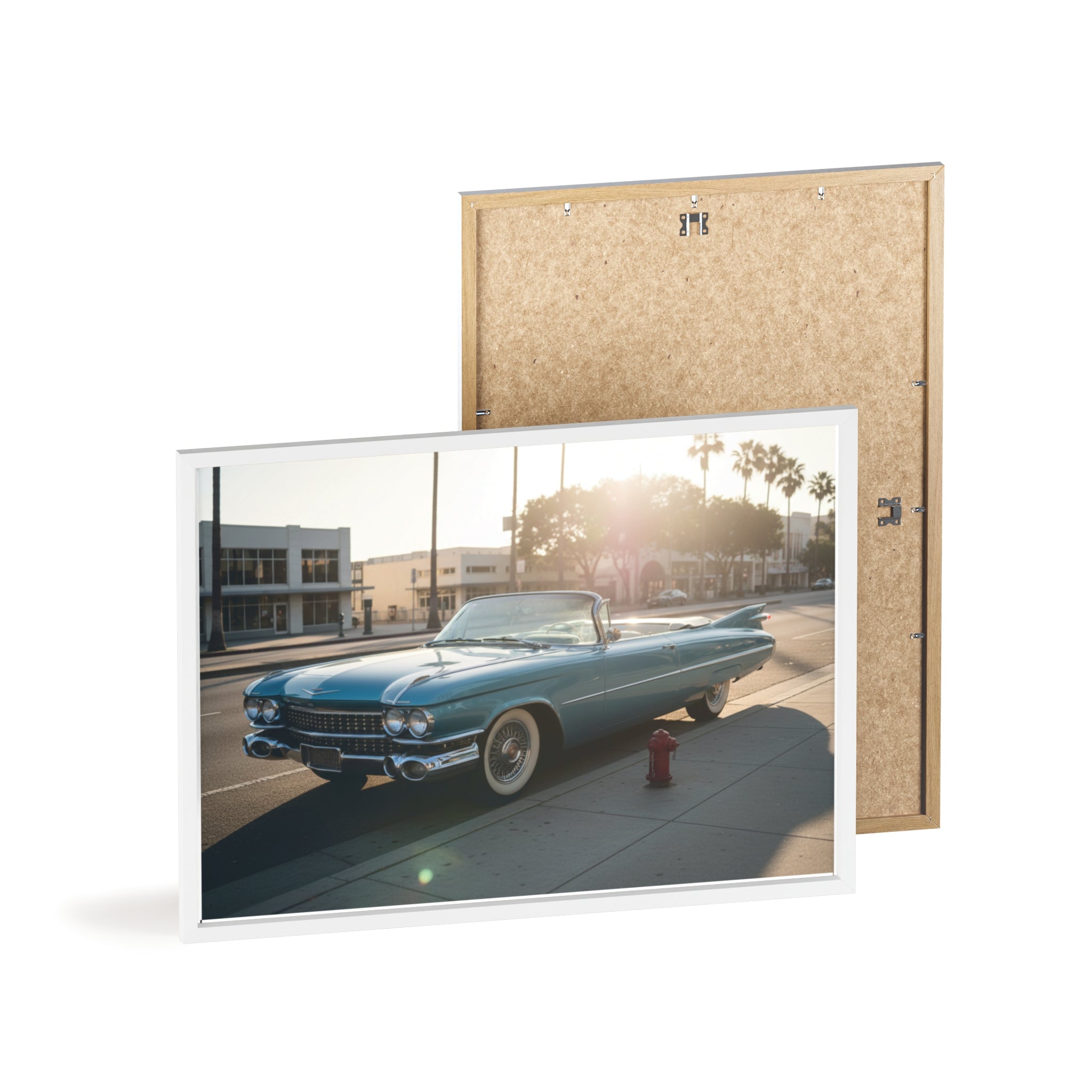 Vintage Blue Cadillac Poster with Wooden Frame – Retro Car Wall Art