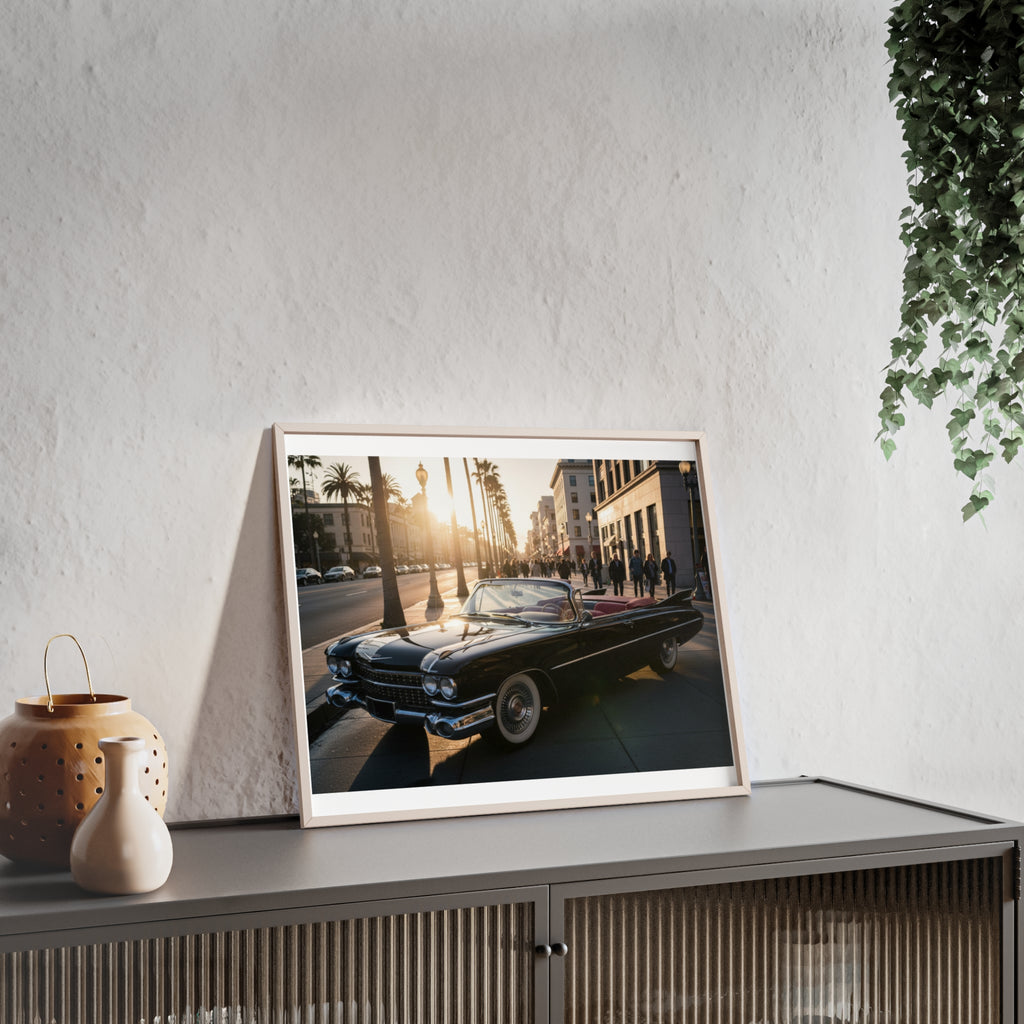 Vintage Convertible Sunset Poster with Wooden Frame