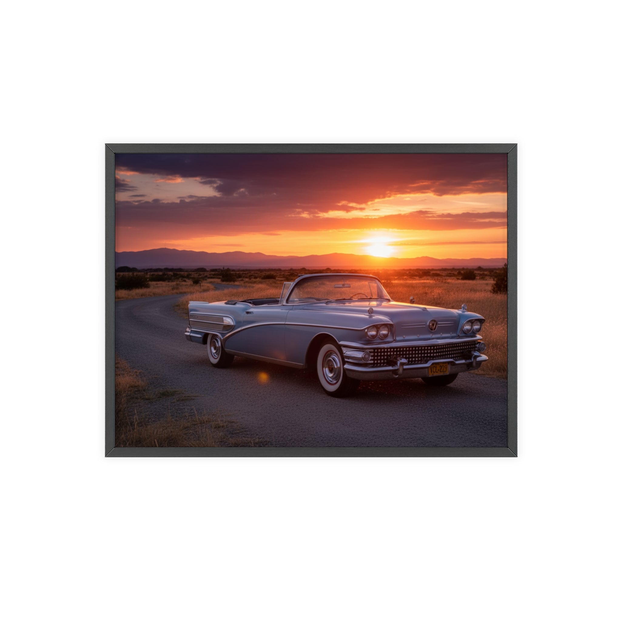 Vintage Convertible Sunset Poster with Wooden Frame