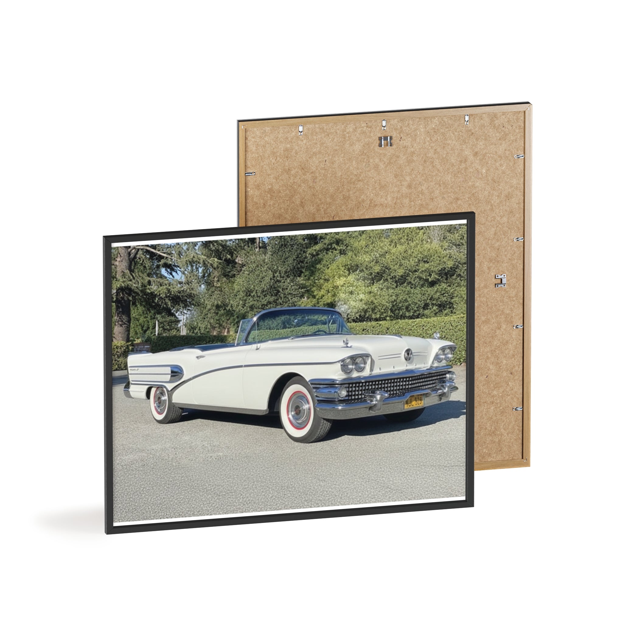 Classic White Convertible Car Poster with Wooden Frame — Vintage Auto Wall Art