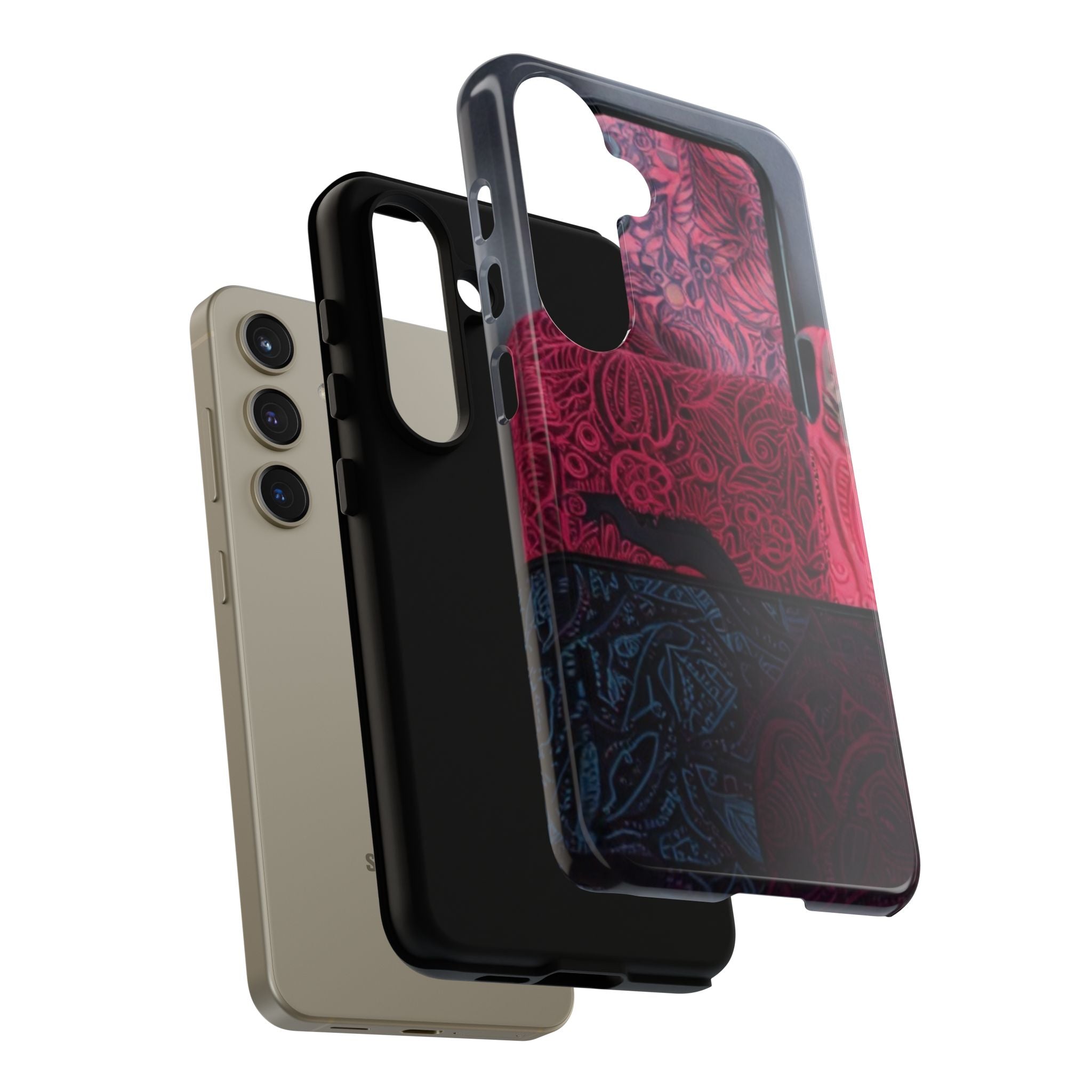 Floral Patchwork Tough Phone Case — Pink & Navy Doodle Design