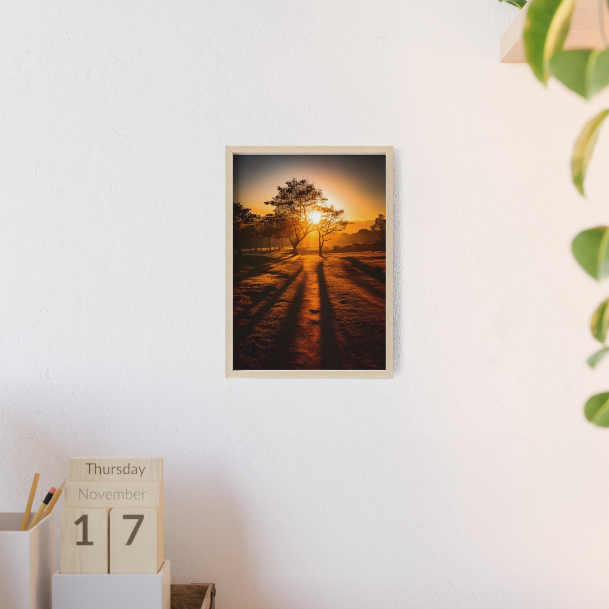 Sunrise Forest Poster — Framed Wooden Wall Art (Sunlit Trees)