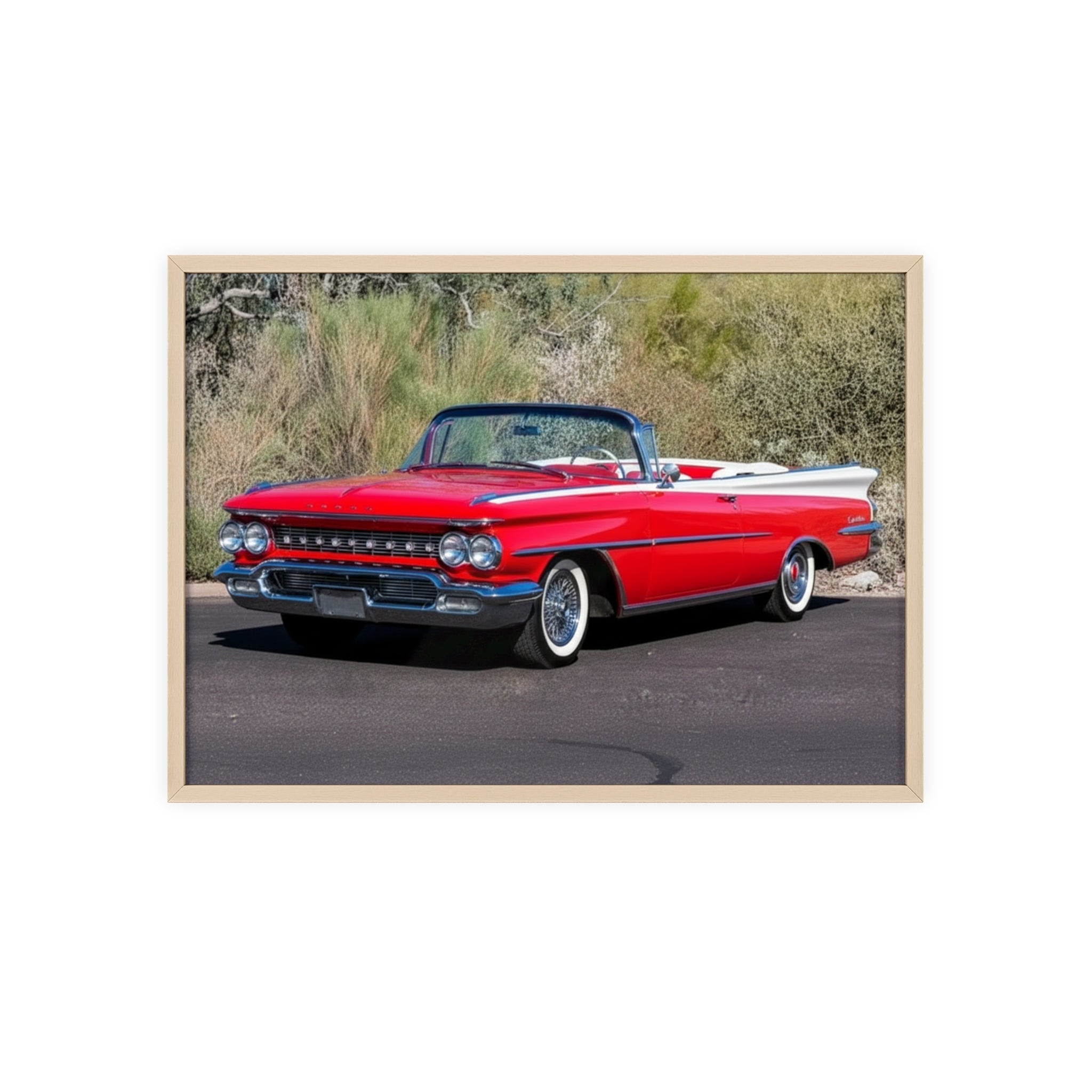 Vintage Red Convertible Car Poster with Wooden Frame — Classic Auto Wall Art