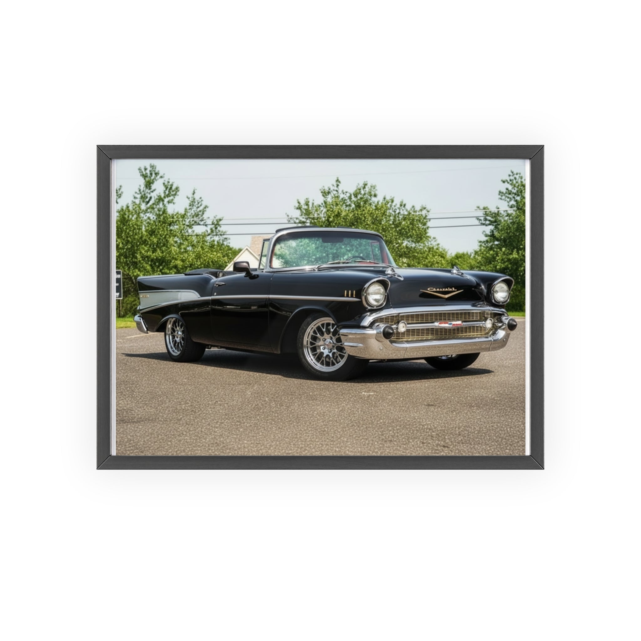 Classic Black 1957 Chevy Poster with Wooden Frame — Vintage Car Wall Art