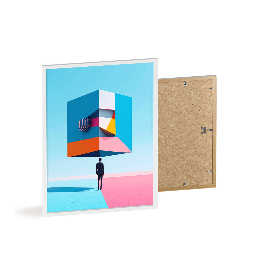 Surreal Geometric Art Poster with Wooden Frame — Modern Minimal Wall Decor