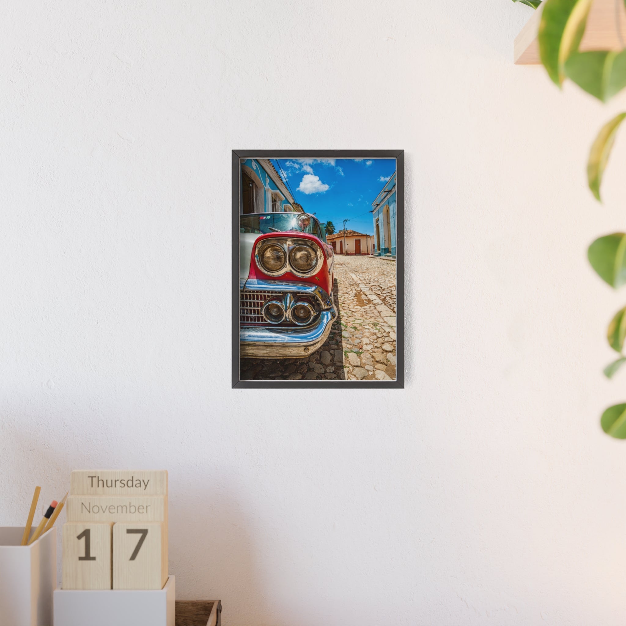 Vintage Classic Car Poster with Wooden Frame — Retro Cuba Street Photography Wall Art