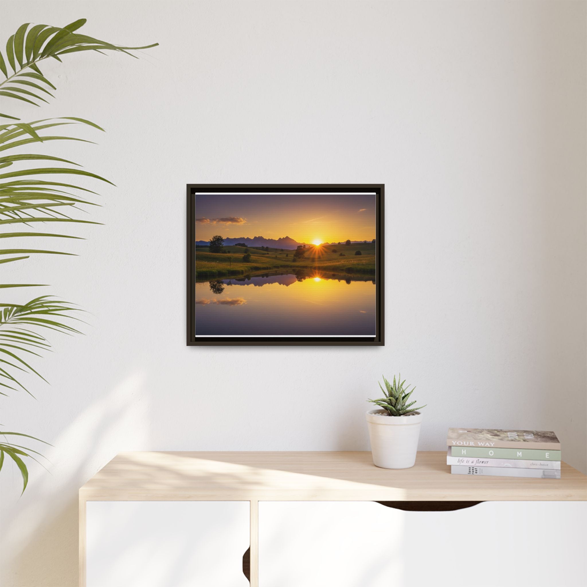 Framed Matte Canvas Sunset Landscape — Serene Lake Reflection Wall Art