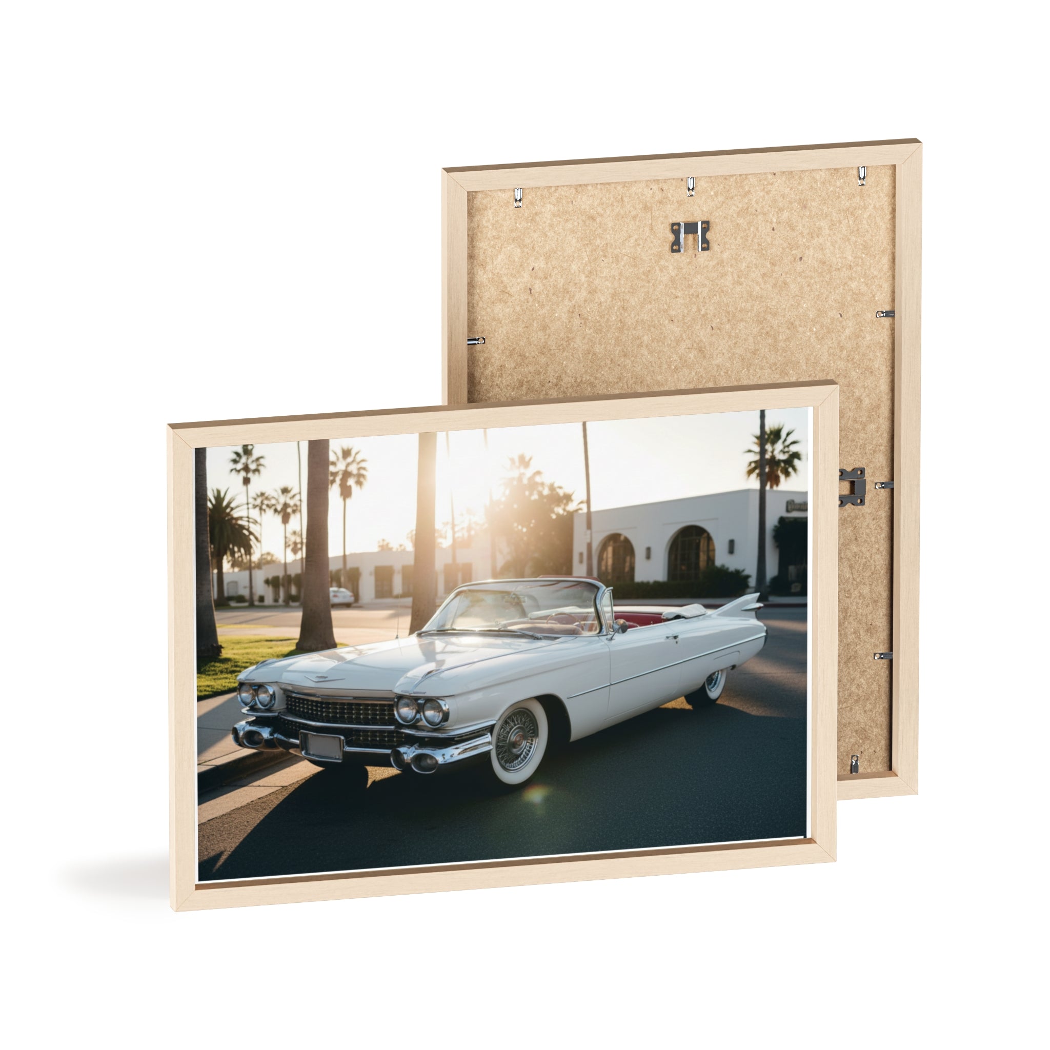 Vintage Cadillac Convertible Poster with Wooden Frame — Retro Palm Trees Sunset Wall Art