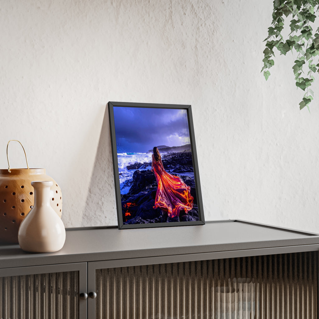 Framed Art Print — Woman in Fiery Red Dress on Rocky Shore (Wooden Frame Poster)