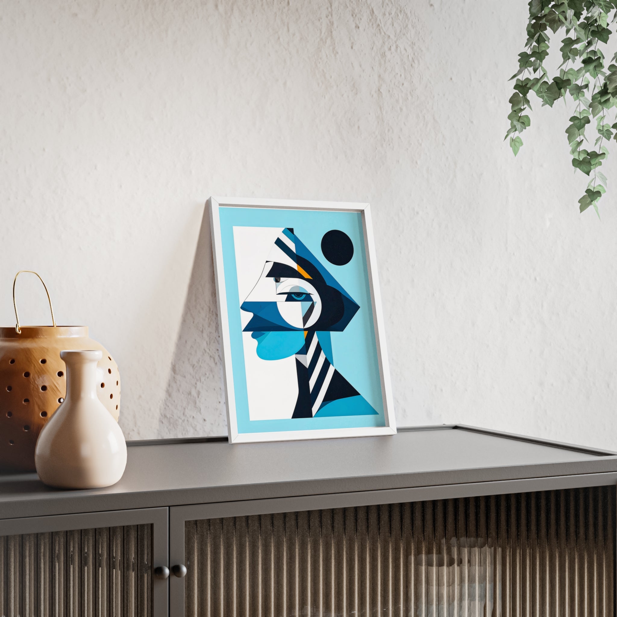 Abstract Geometric Portrait Poster with Wooden Frame — Blue Modern Wall Art
