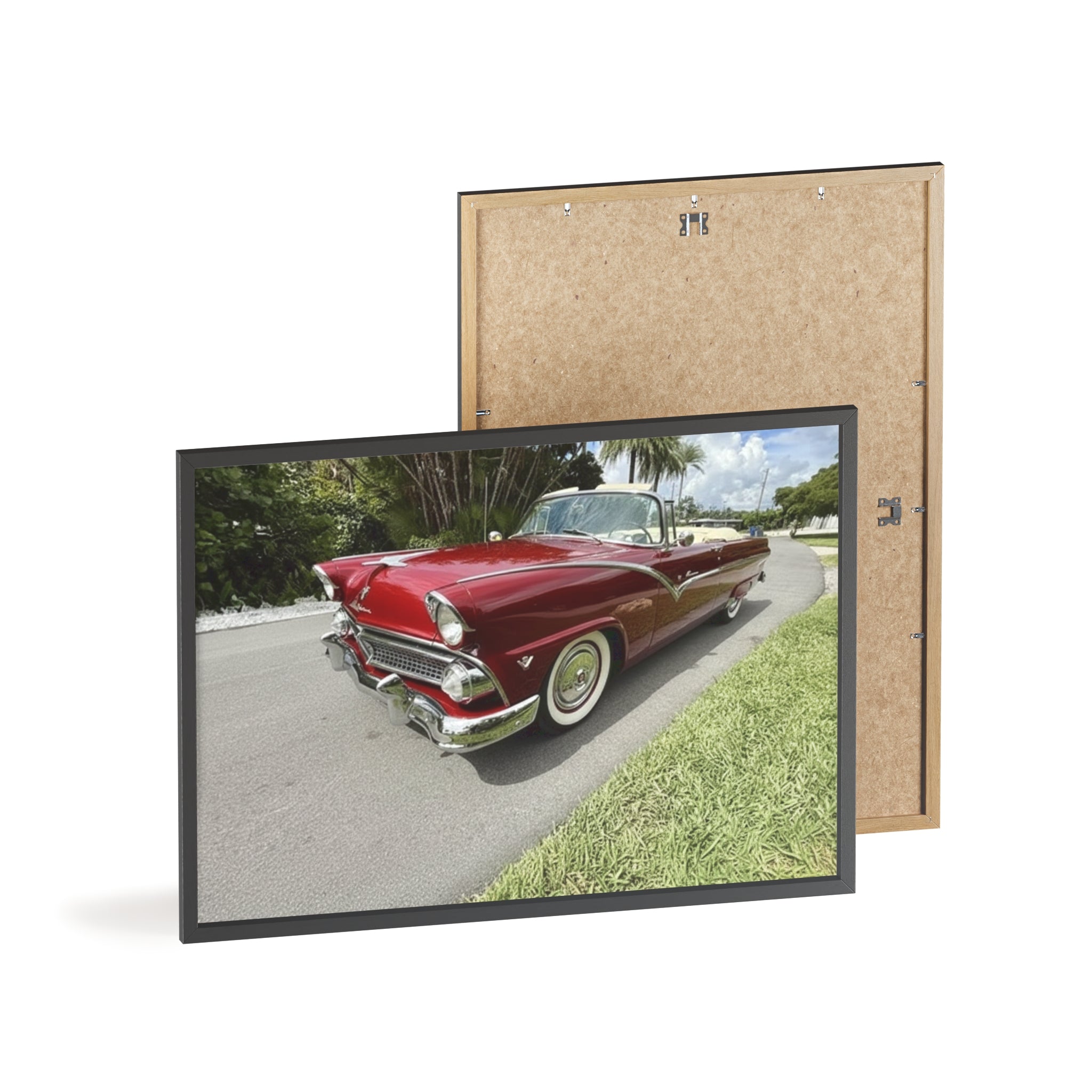 Vintage Red Convertible Poster with Wooden Frame — Classic Car Wall Art
