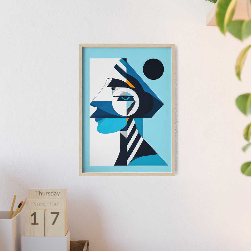 Abstract Geometric Portrait Poster with Wooden Frame — Blue Modern Wall Art