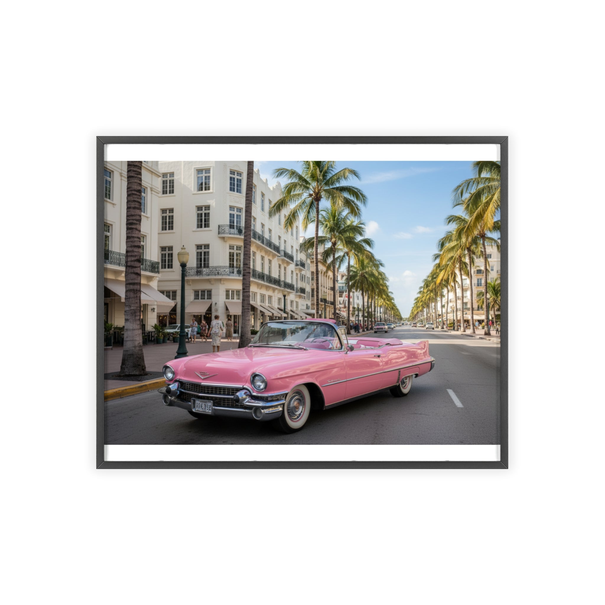 Vintage Pink Cadillac Wall Poster with Wooden Frame — Retro Miami Palm Street Photography