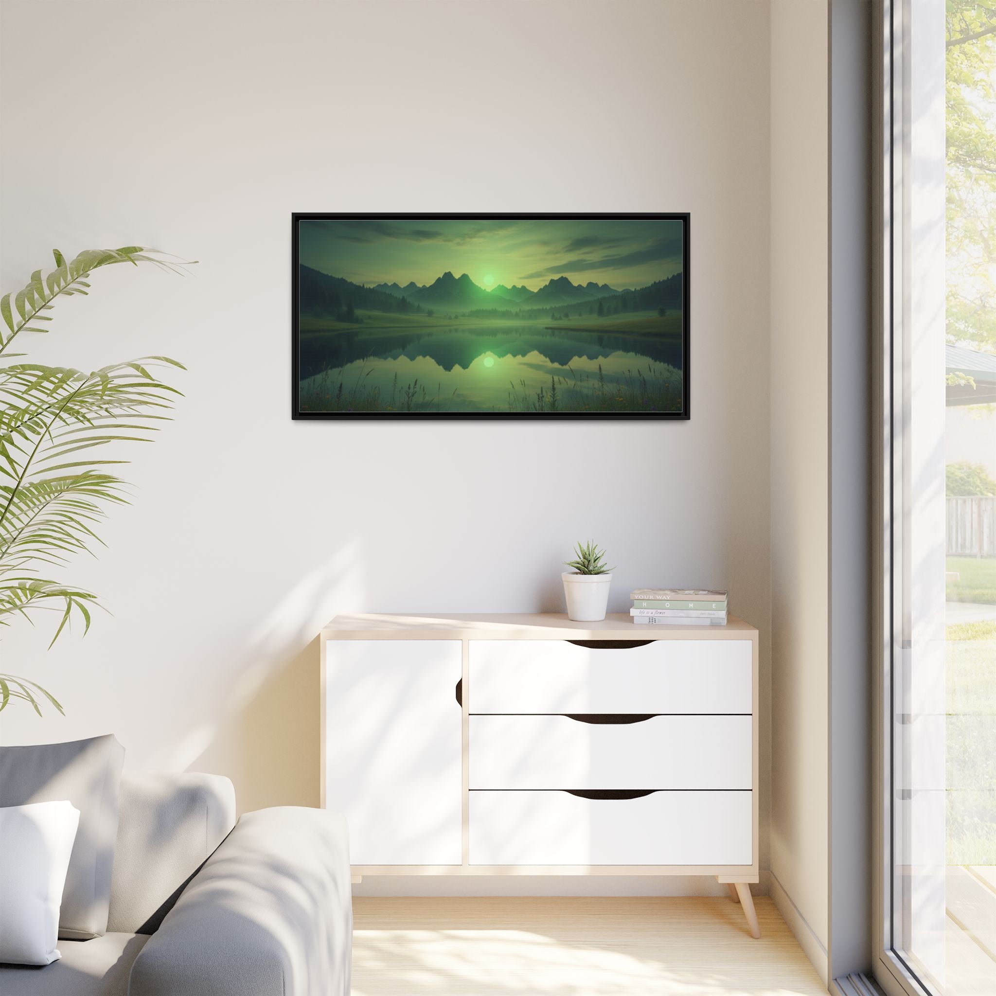 Framed Matte Canvas Print — Serene Green Mountain Lake Landscape