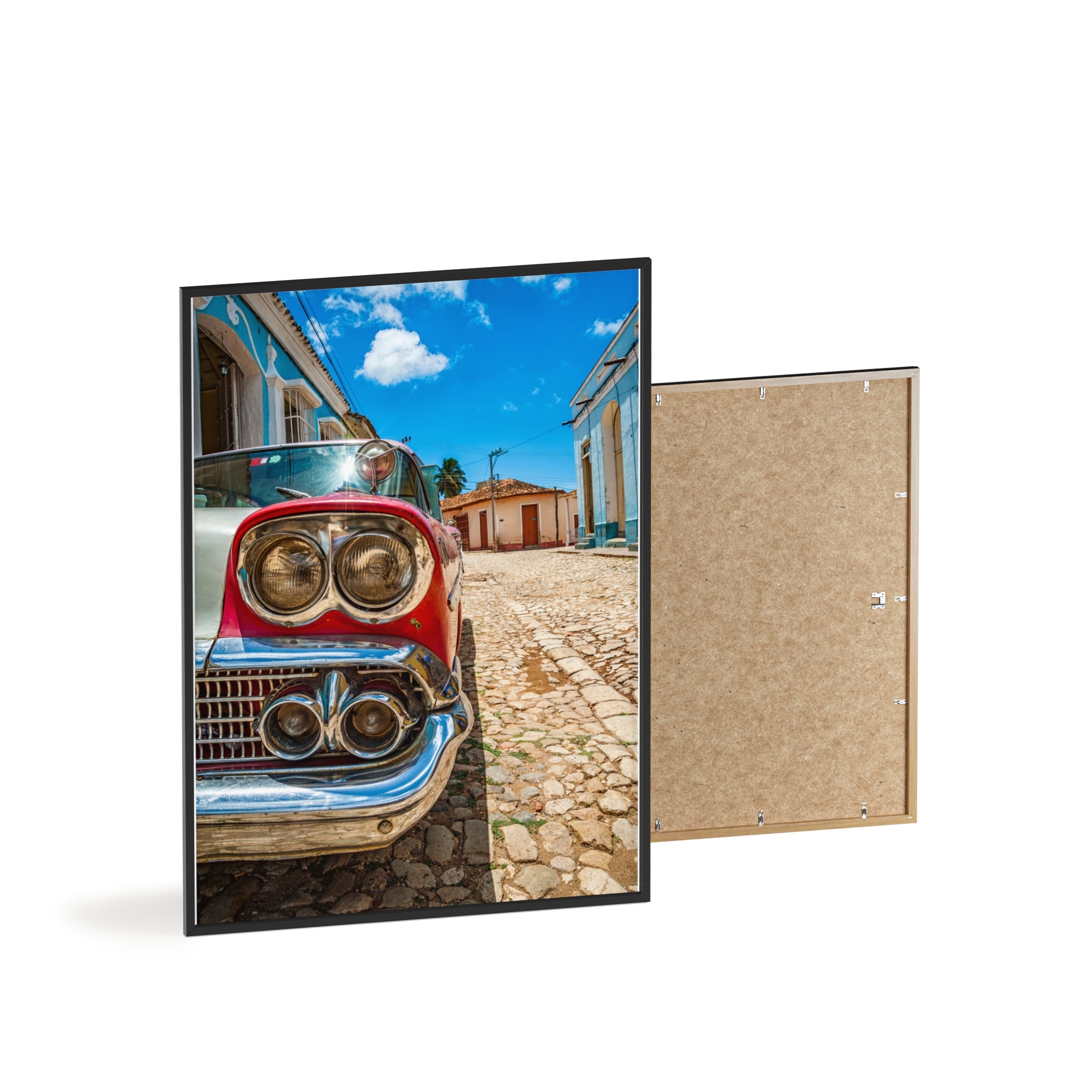 Vintage Classic Car Poster with Wooden Frame — Retro Cuba Street Photography Wall Art