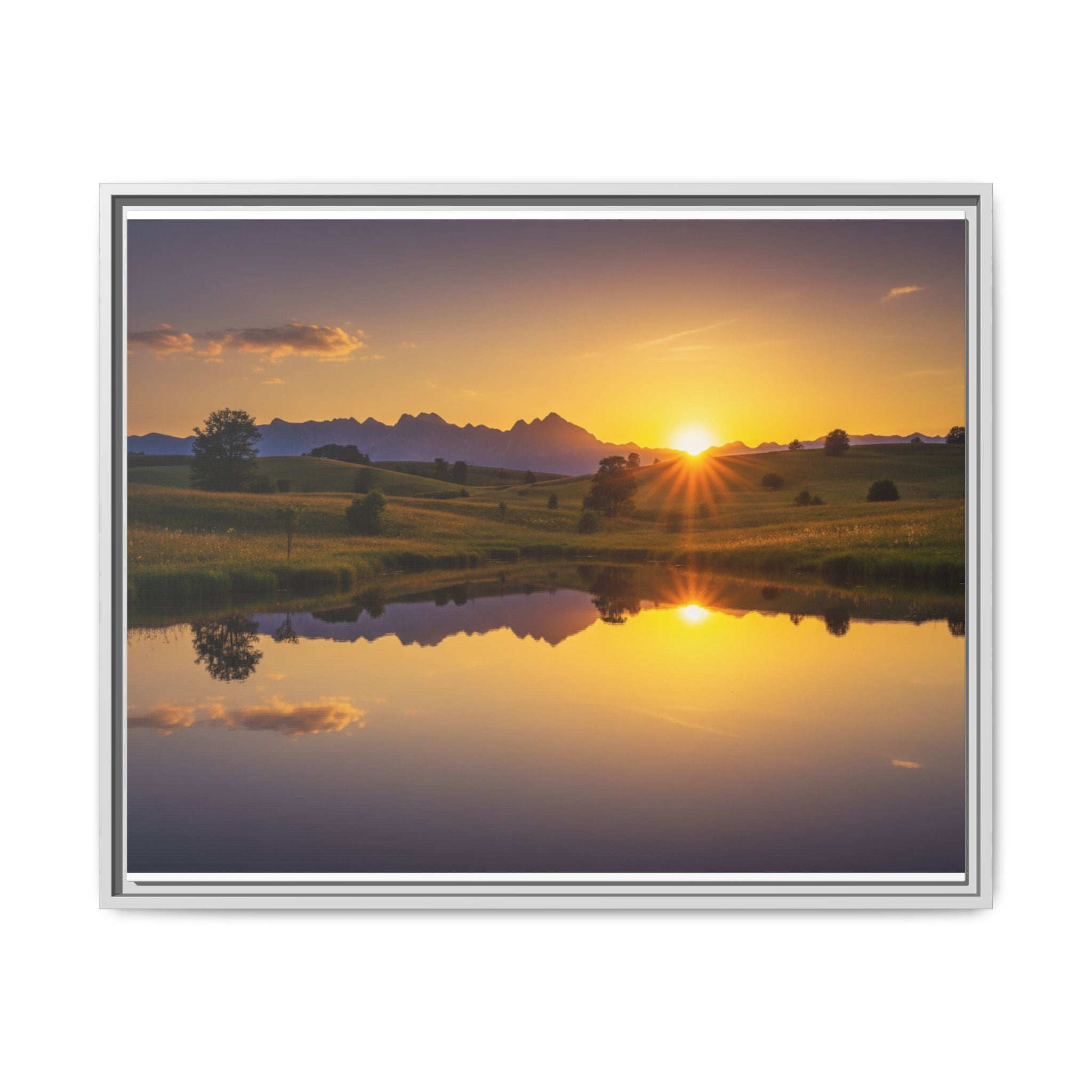 Framed Matte Canvas Sunset Landscape — Serene Lake Reflection Wall Art