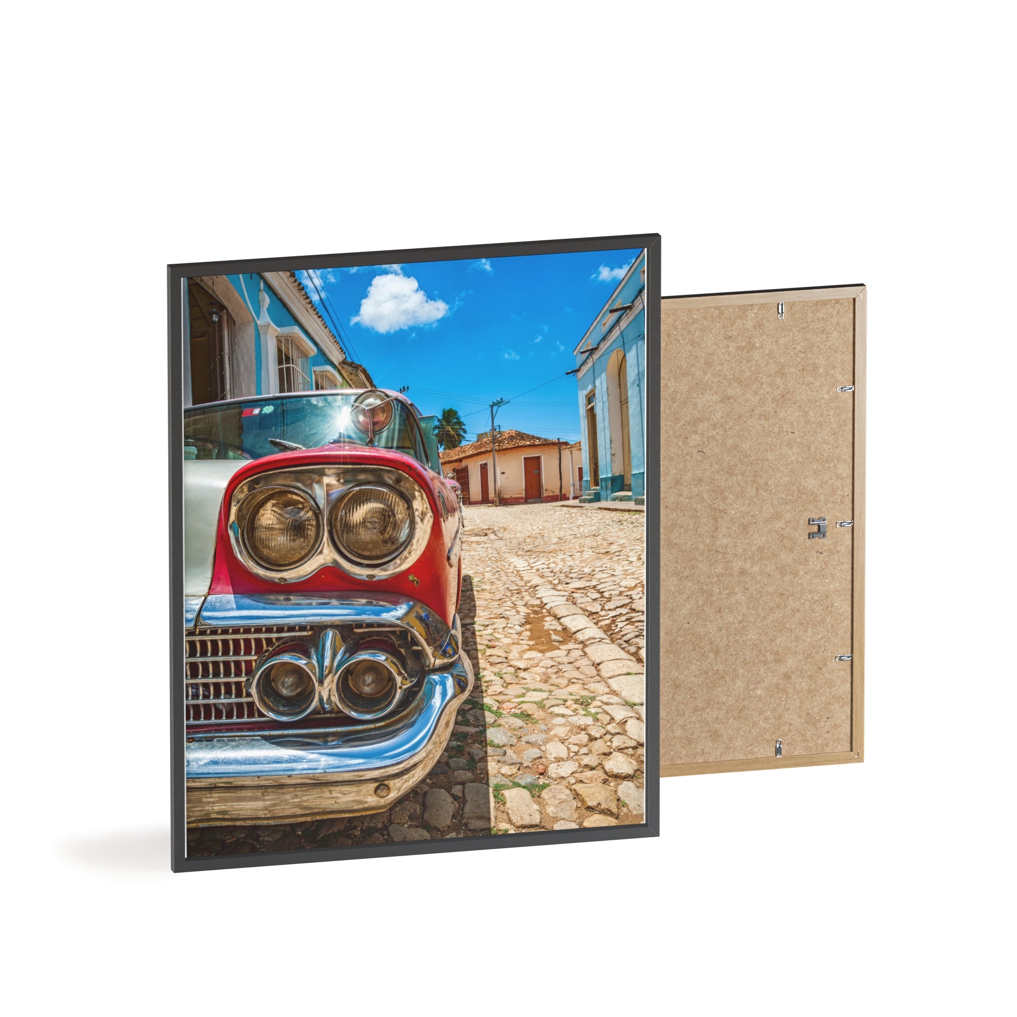 Vintage Classic Car Poster with Wooden Frame — Retro Cuba Street Photography Wall Art