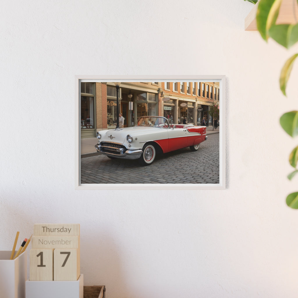 Vintage Red & White Convertible Poster with Wooden Frame — Retro Car Wall Art