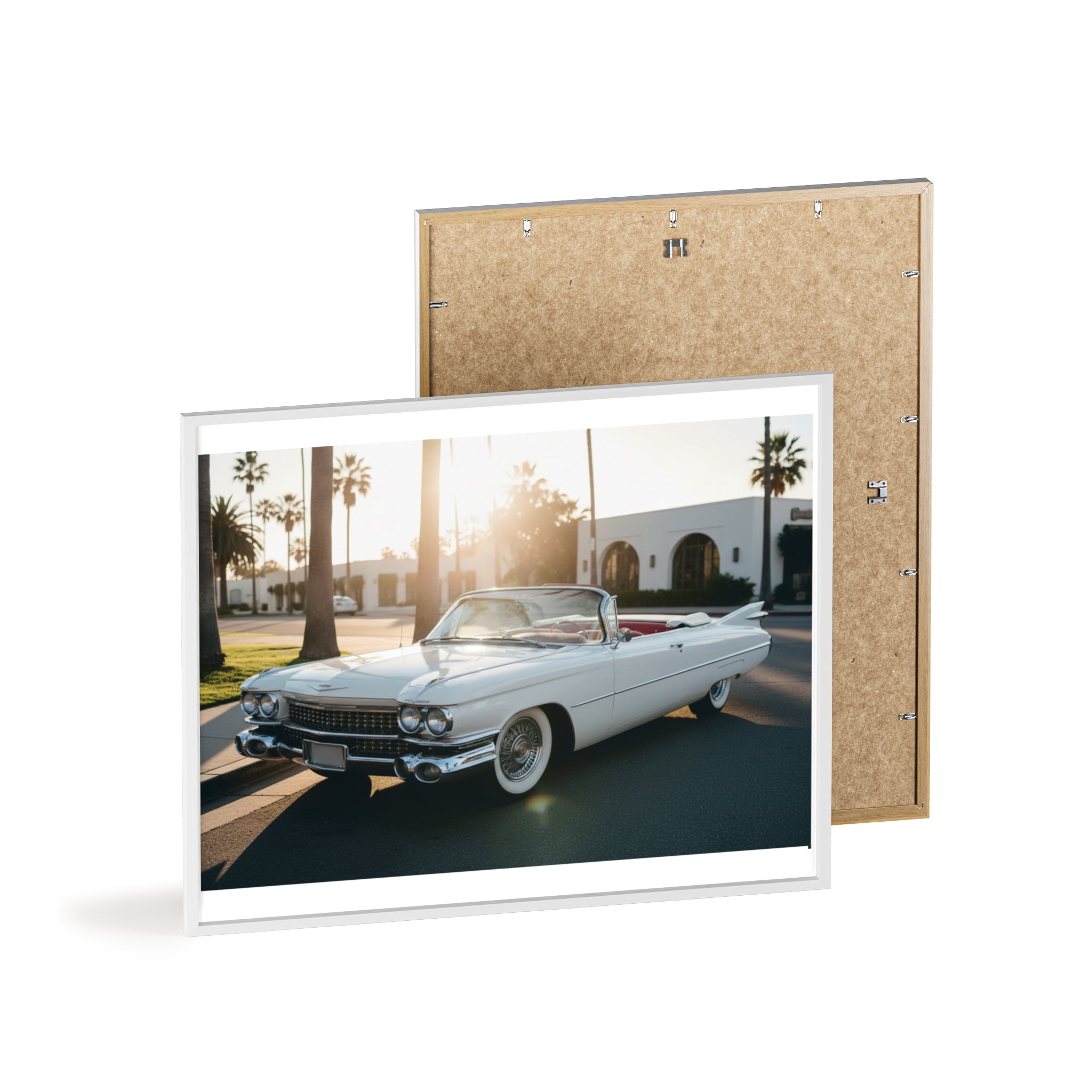 Vintage Cadillac Convertible Poster with Wooden Frame — Retro Palm Trees Sunset Wall Art