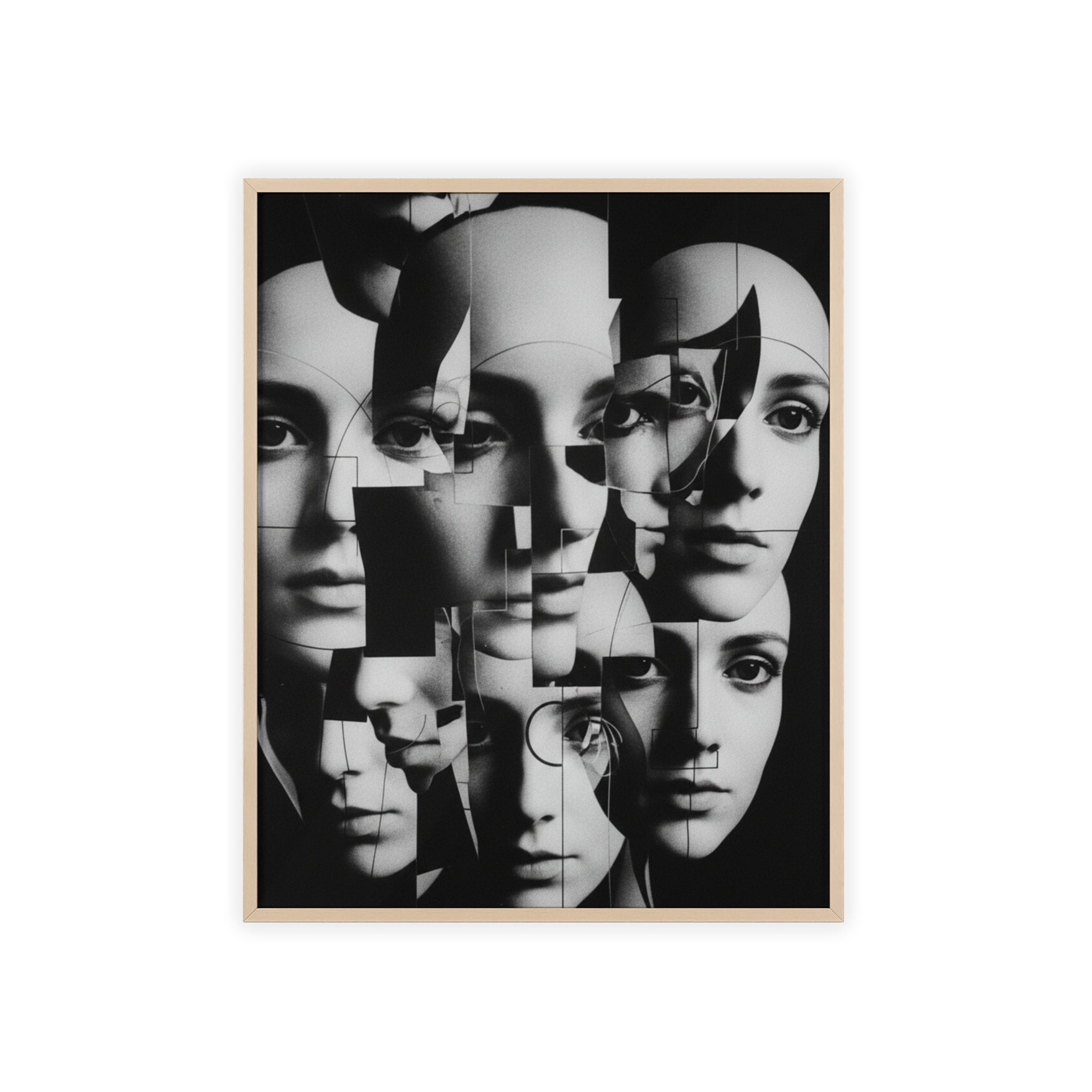 Surreal Multi-Face Black & White Poster — Framed Wooden Art Print