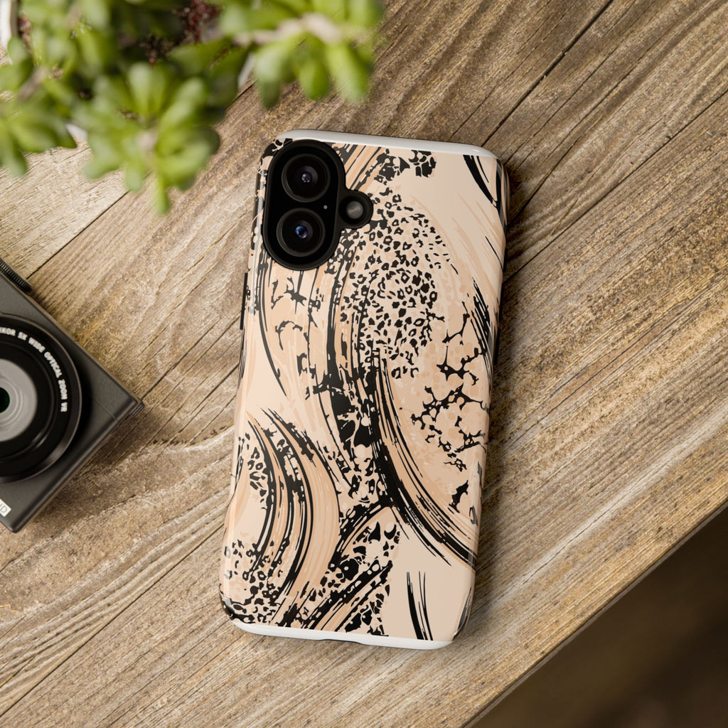 Abstract Brushstroke Phone Case — Neutral Beige & Black Artistic Protective Cover