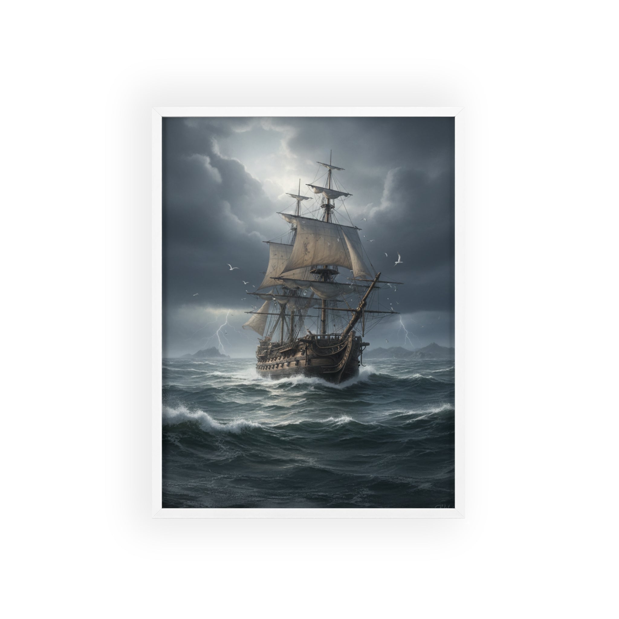 Framed Stormy Sea Ship Poster — Nautical Wall Art with Wooden Frame