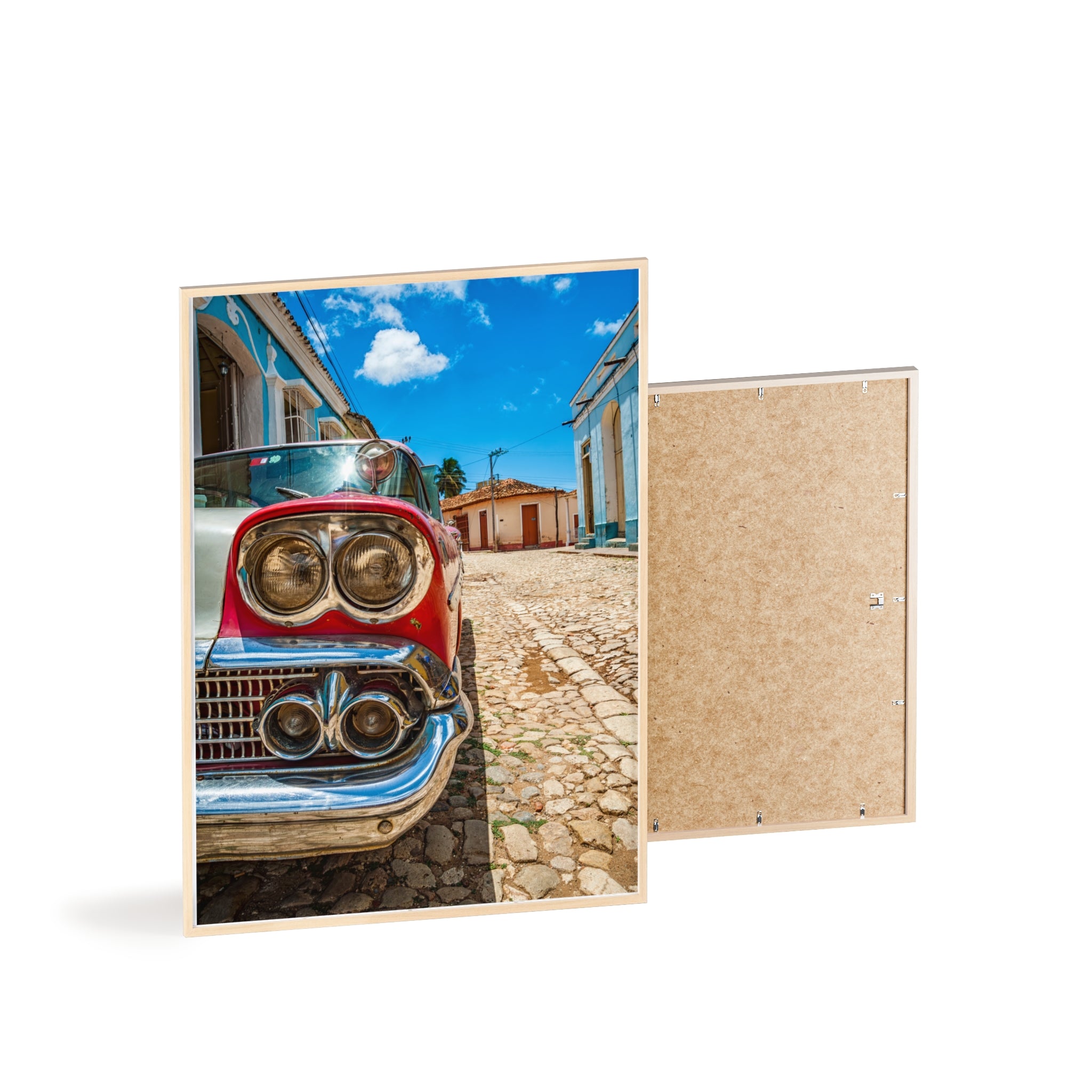 Vintage Classic Car Poster with Wooden Frame — Retro Cuba Street Photography Wall Art