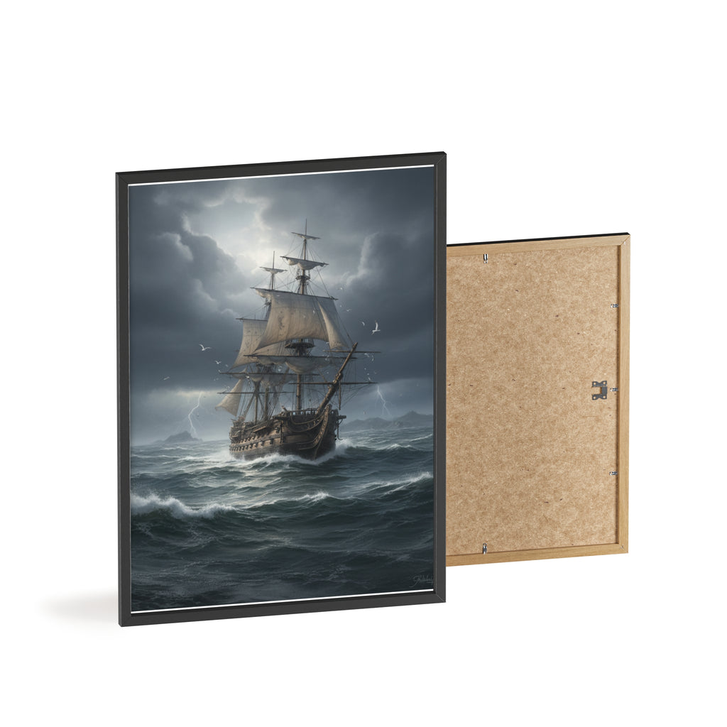 Framed Stormy Sea Ship Poster — Nautical Wall Art with Wooden Frame