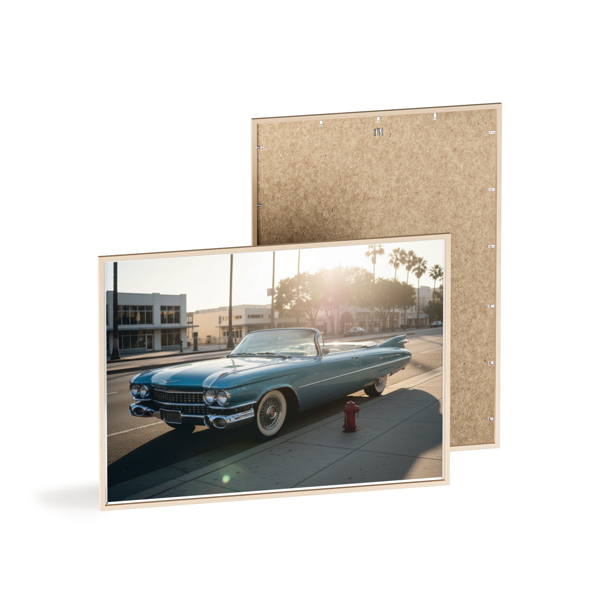 Vintage Blue Cadillac Poster with Wooden Frame – Retro Car Wall Art