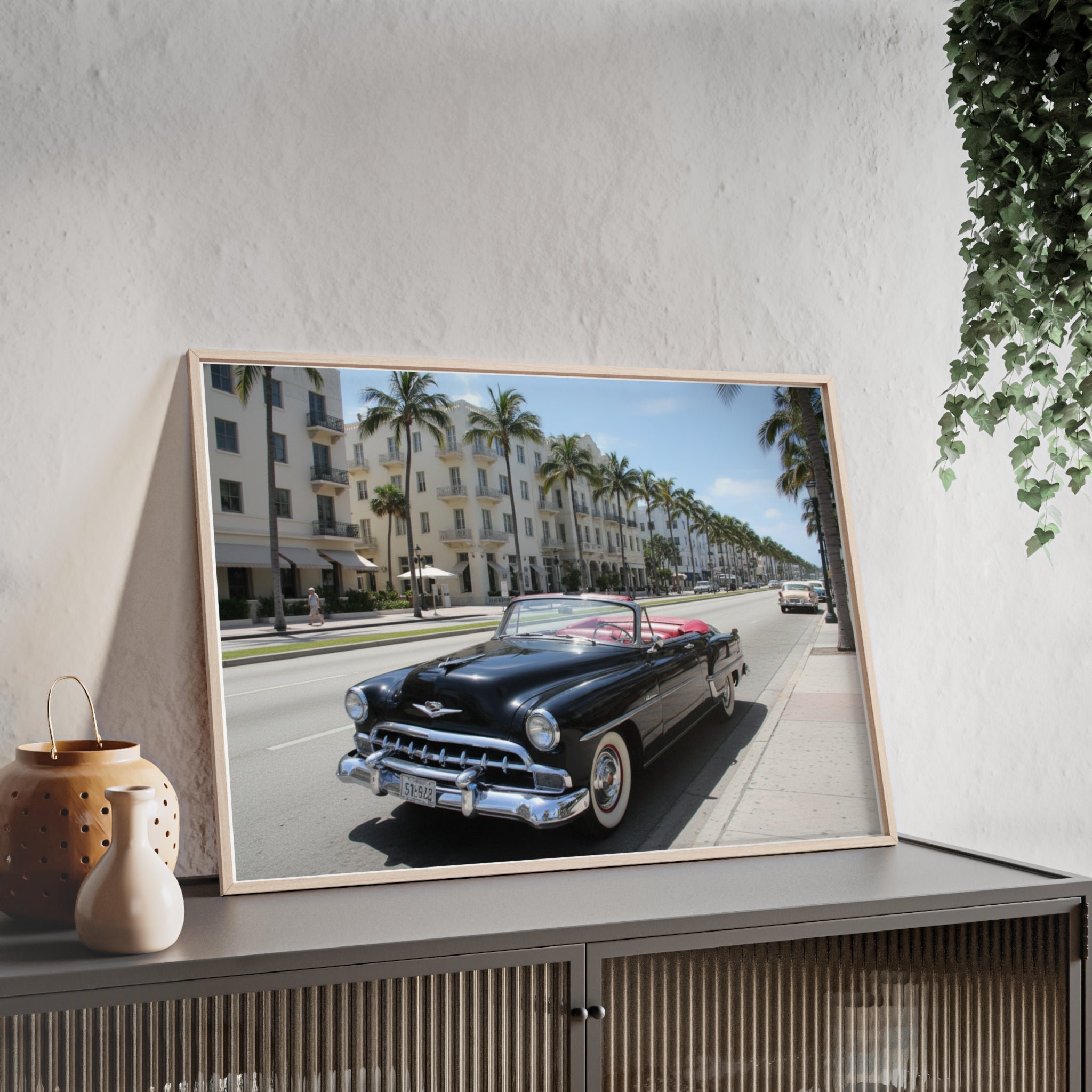 Vintage Convertible on Ocean Drive Framed Poster – Retro Classic Car Wall Art