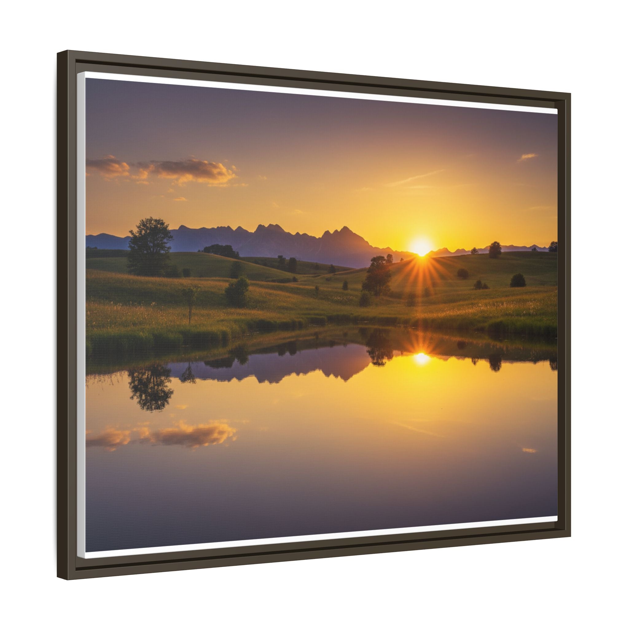 Framed Matte Canvas Sunset Landscape — Serene Lake Reflection Wall Art
